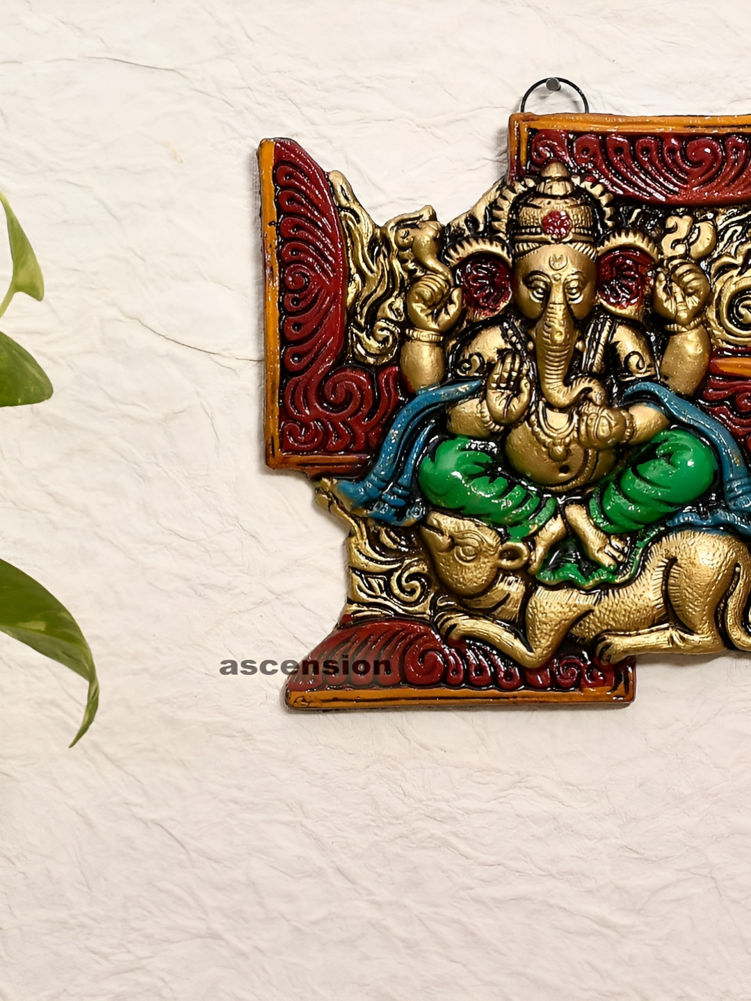 Ascension Swastik Ganesh Ji Wall Hanging Tan Metal Metallic Prayer Room Small Showpiece - 5.9 Inches