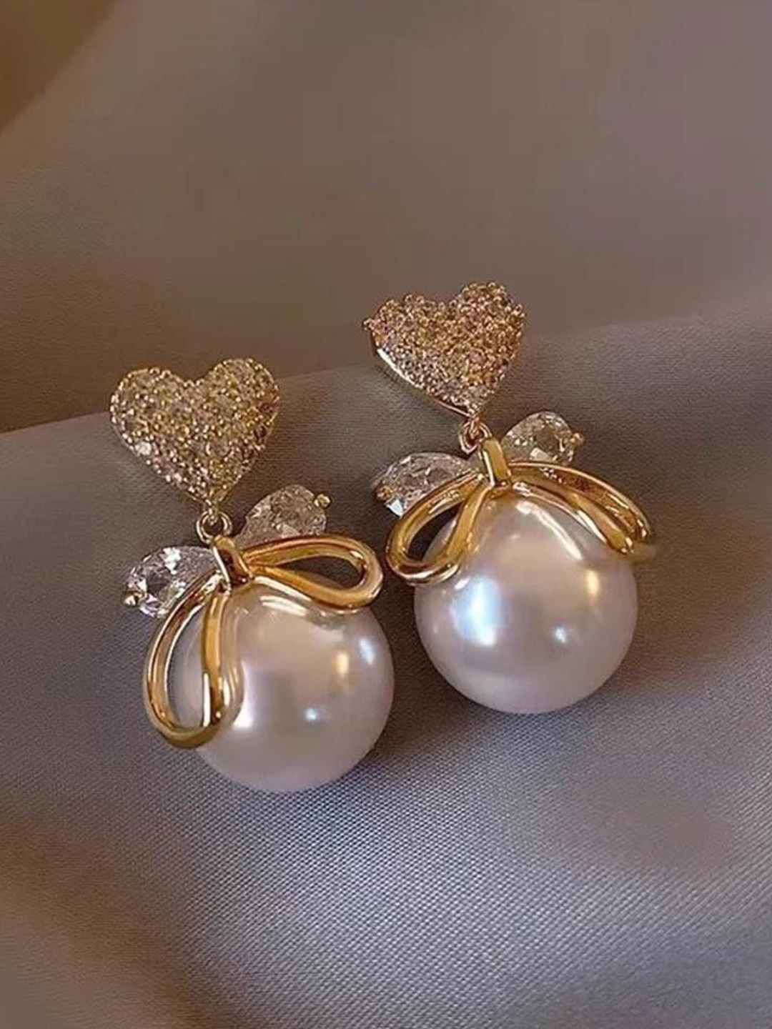 Alonzo Korean Gold-Plated Stones Studded & Pearls Beaded Heart Elegant Bow Drop Earrings
