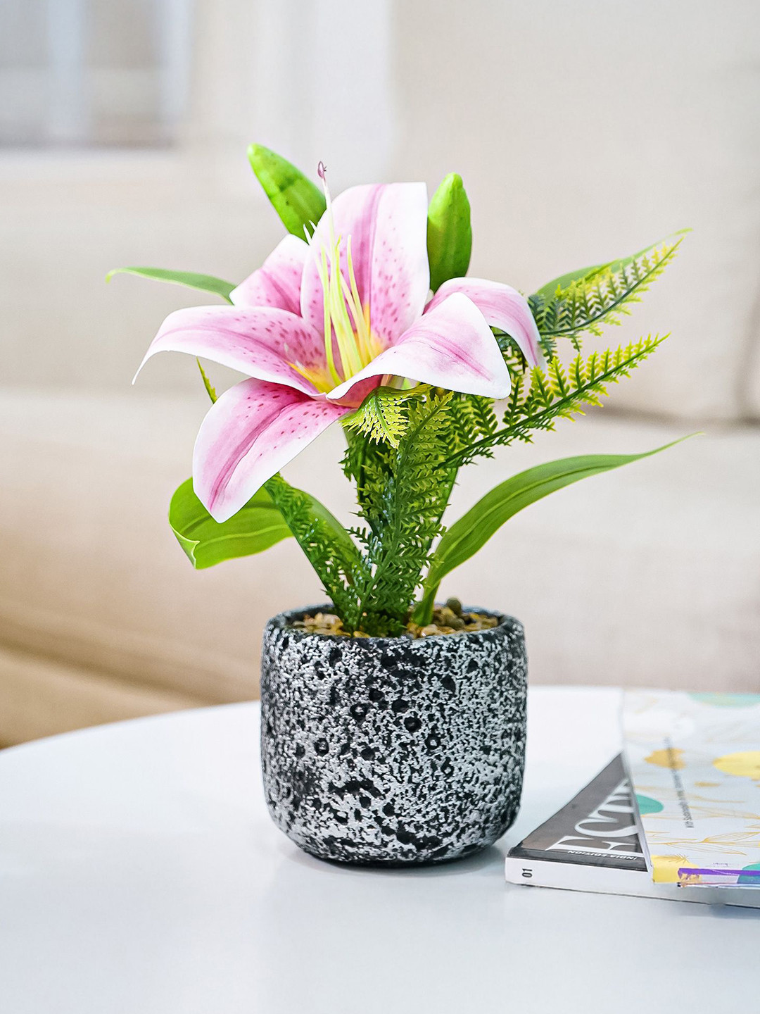 Nostrae by Ekhasa Pink & Green lilly Artificial Flower With Cement Vase Pot