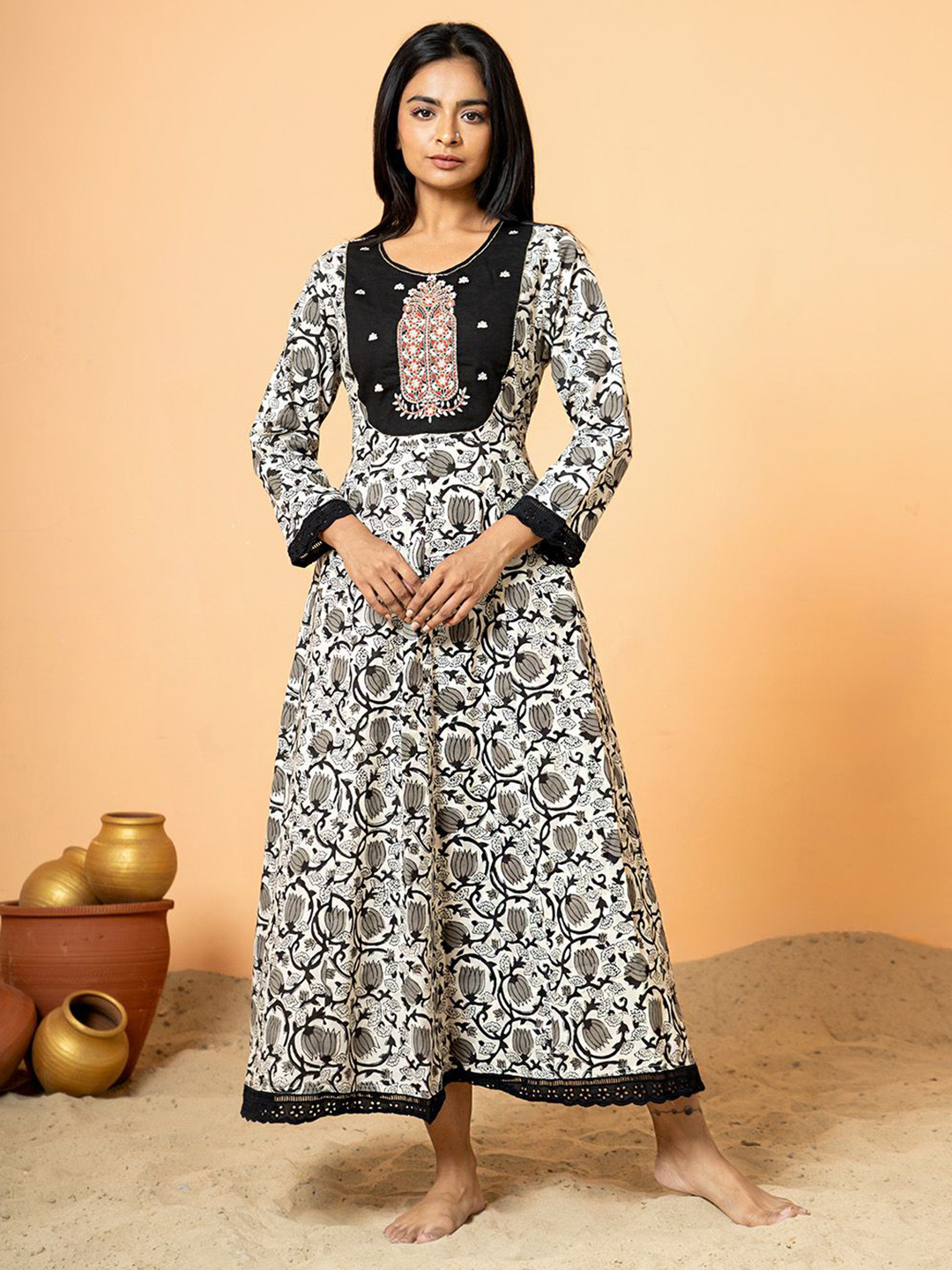 COTTONS DAILY Floral Printed Round Neck Pure Cotton Anarkali Kurta