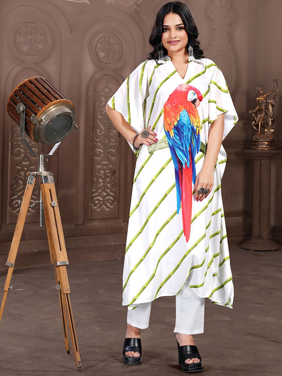 Anouk Bird Printed Shirt Collar Flared Sleeves Kaftan Kurta With Trousers