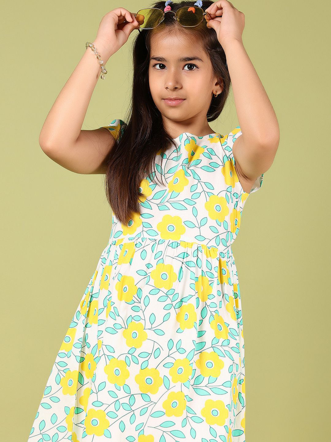 V-Mart Girls Floral Print Cap Sleeves Above Knee Fit & Flare Dress