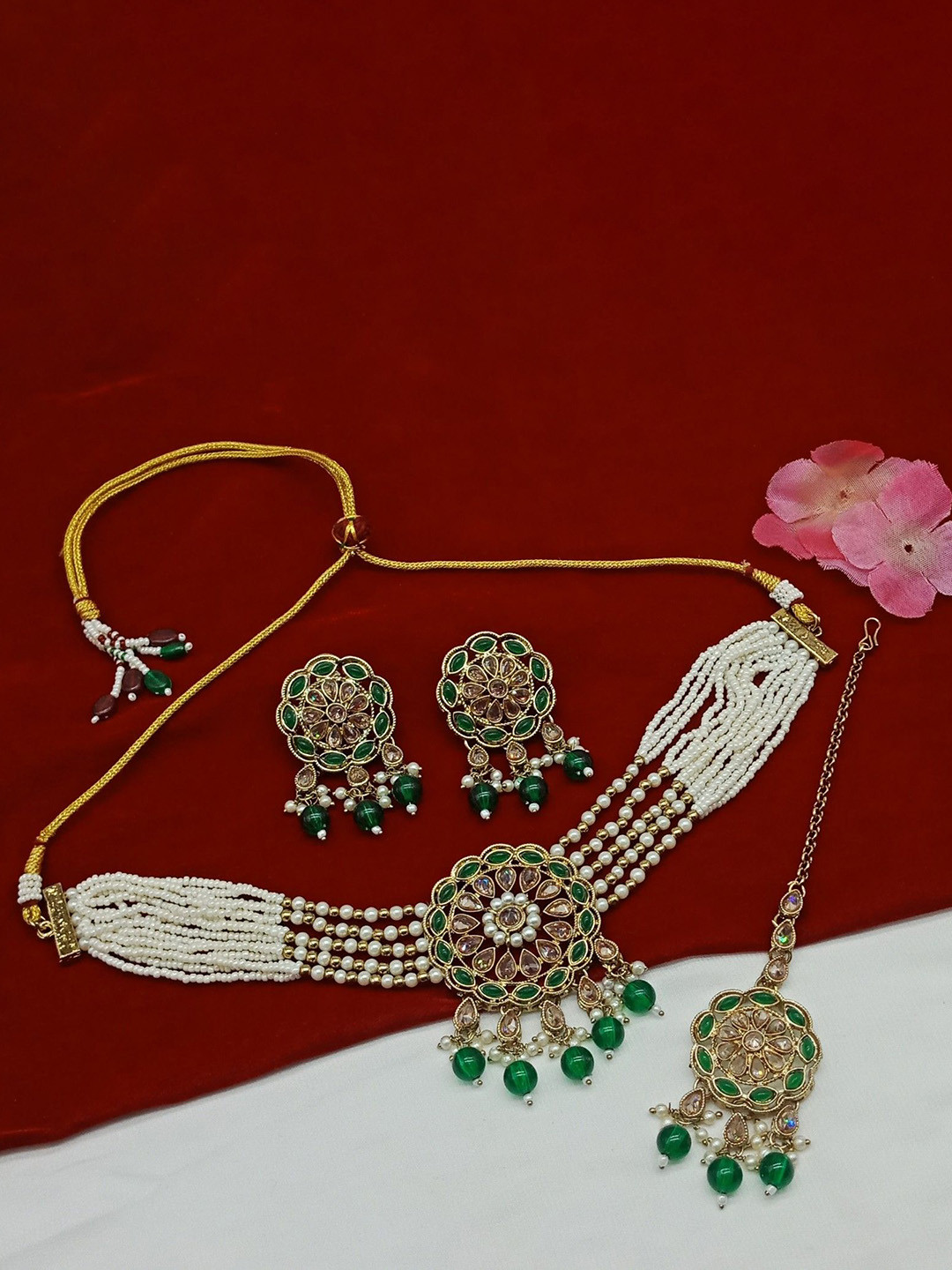 AASHISH IMITATION American Diamond Studded & Beaded Jewellery Set