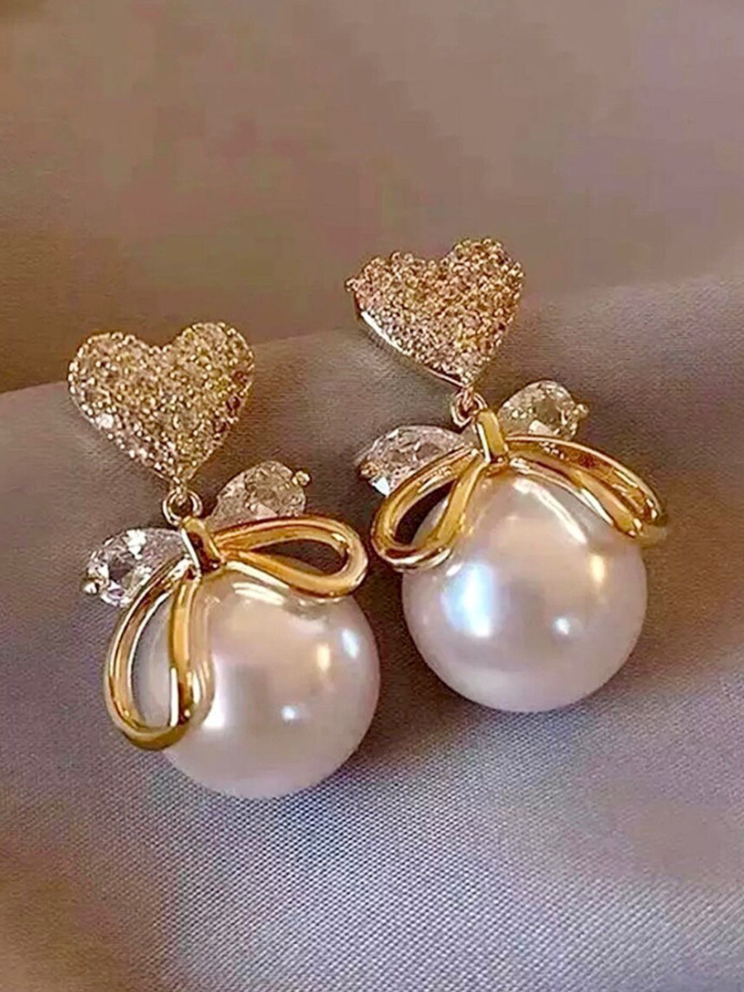 Alonzo Korean Gold-Plated Stones Studded & Pearls Beaded Heart Love Bow Big Drop Earrings