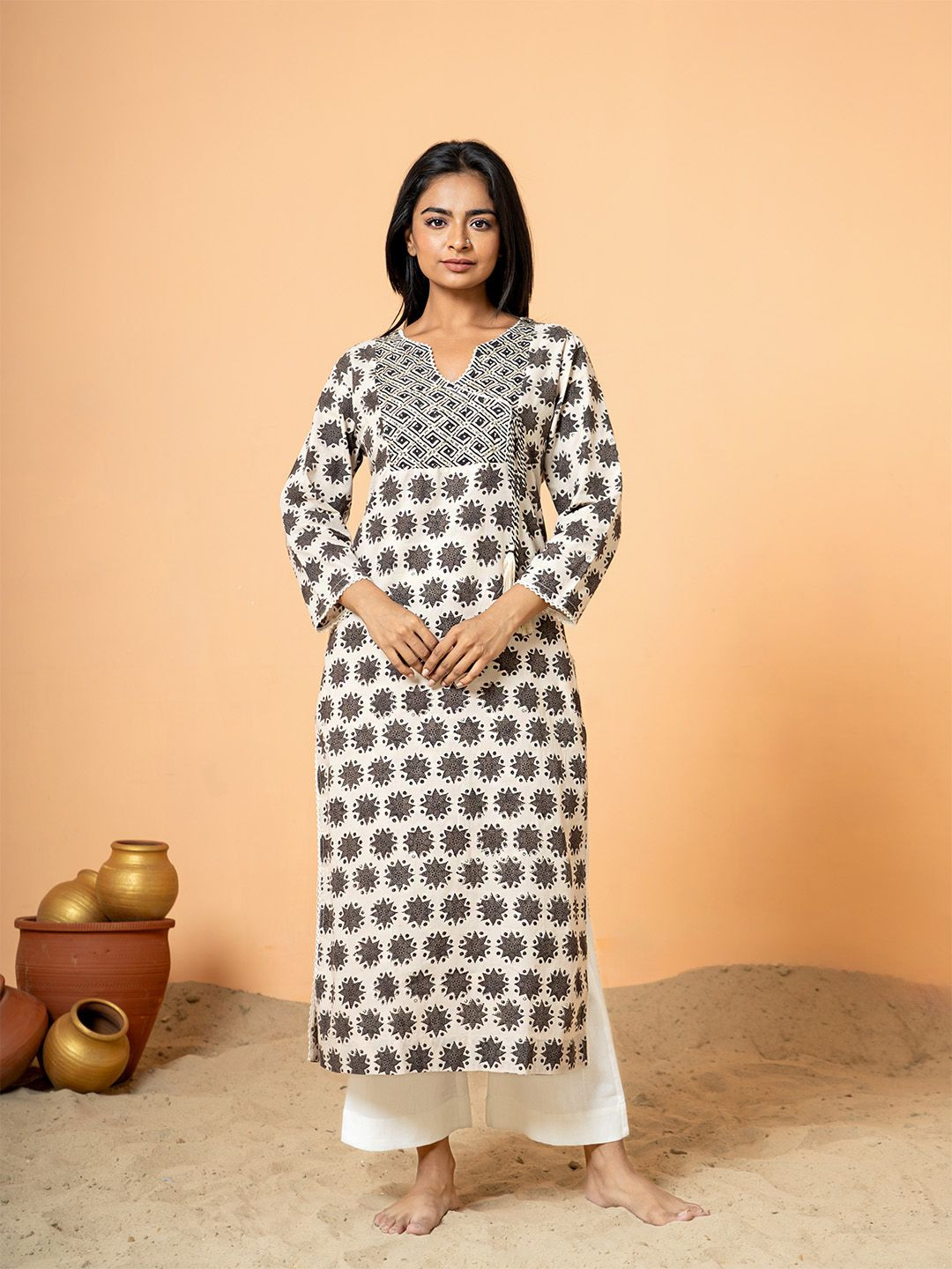 COTTONS DAILY Floral Printed Notch Neck Sequinned Angrakha Pure Cotton Straight Kurta