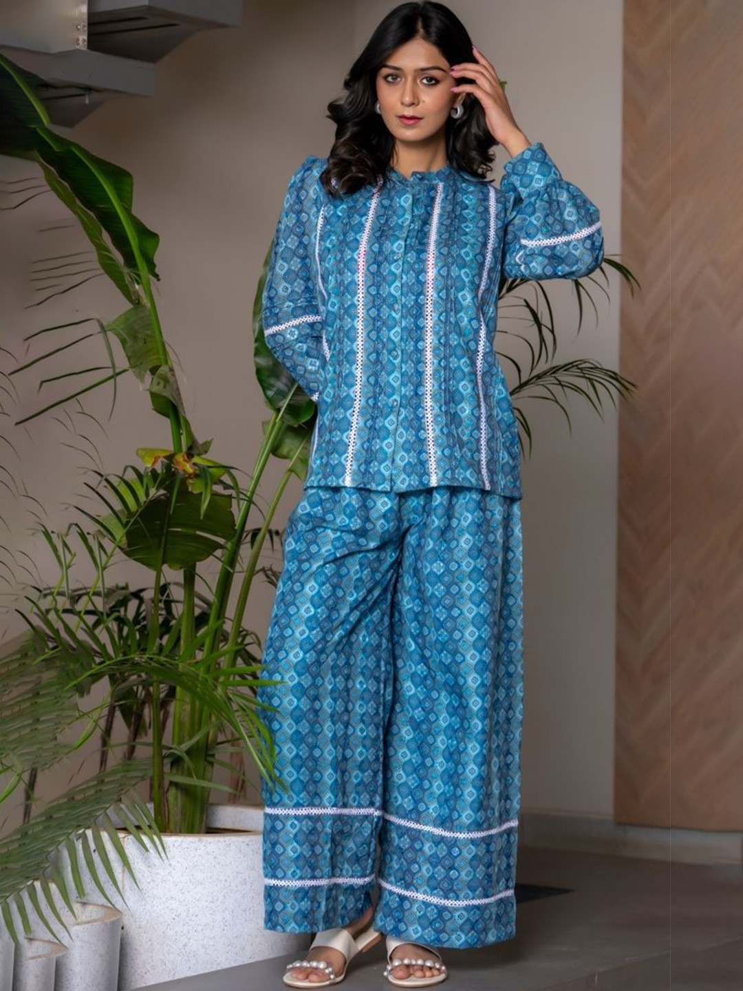 HOUSE OF JAMOTI Bluebread Printed Muslin Top With Trouser Co Ord Set