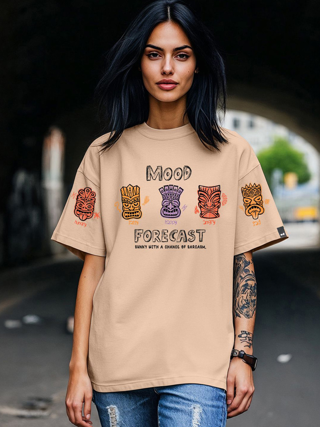 Bewakoof Women's Ginger Root Brown Mood For Cast Graphic Printed Oversized T-shirt