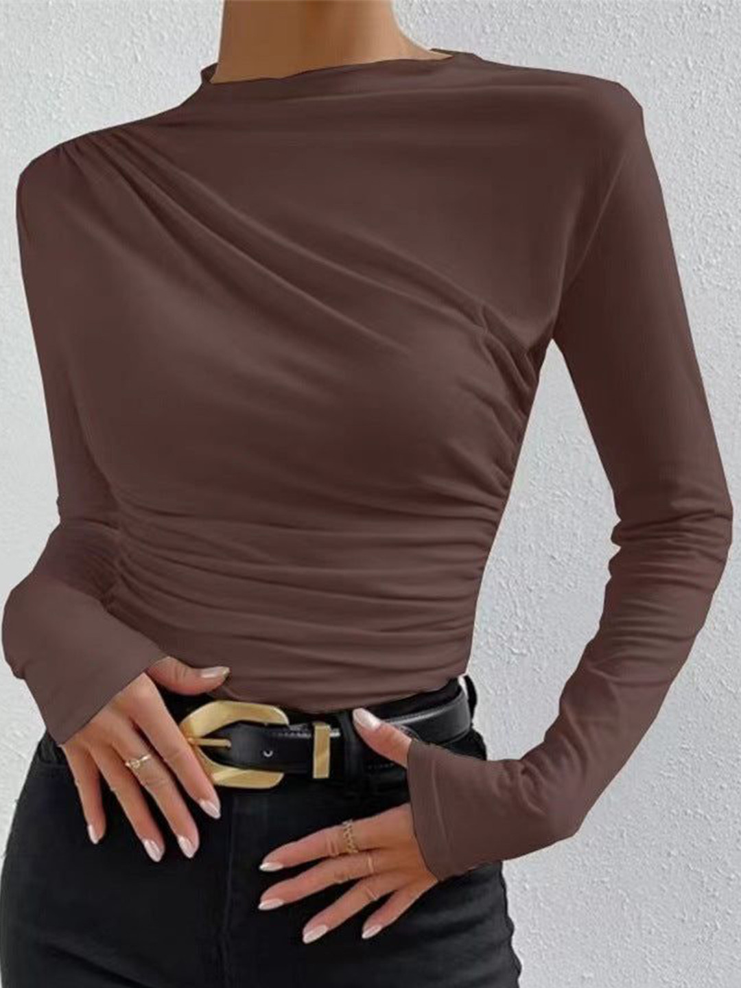 Outzidr Brown High Neck Side Ruched Top