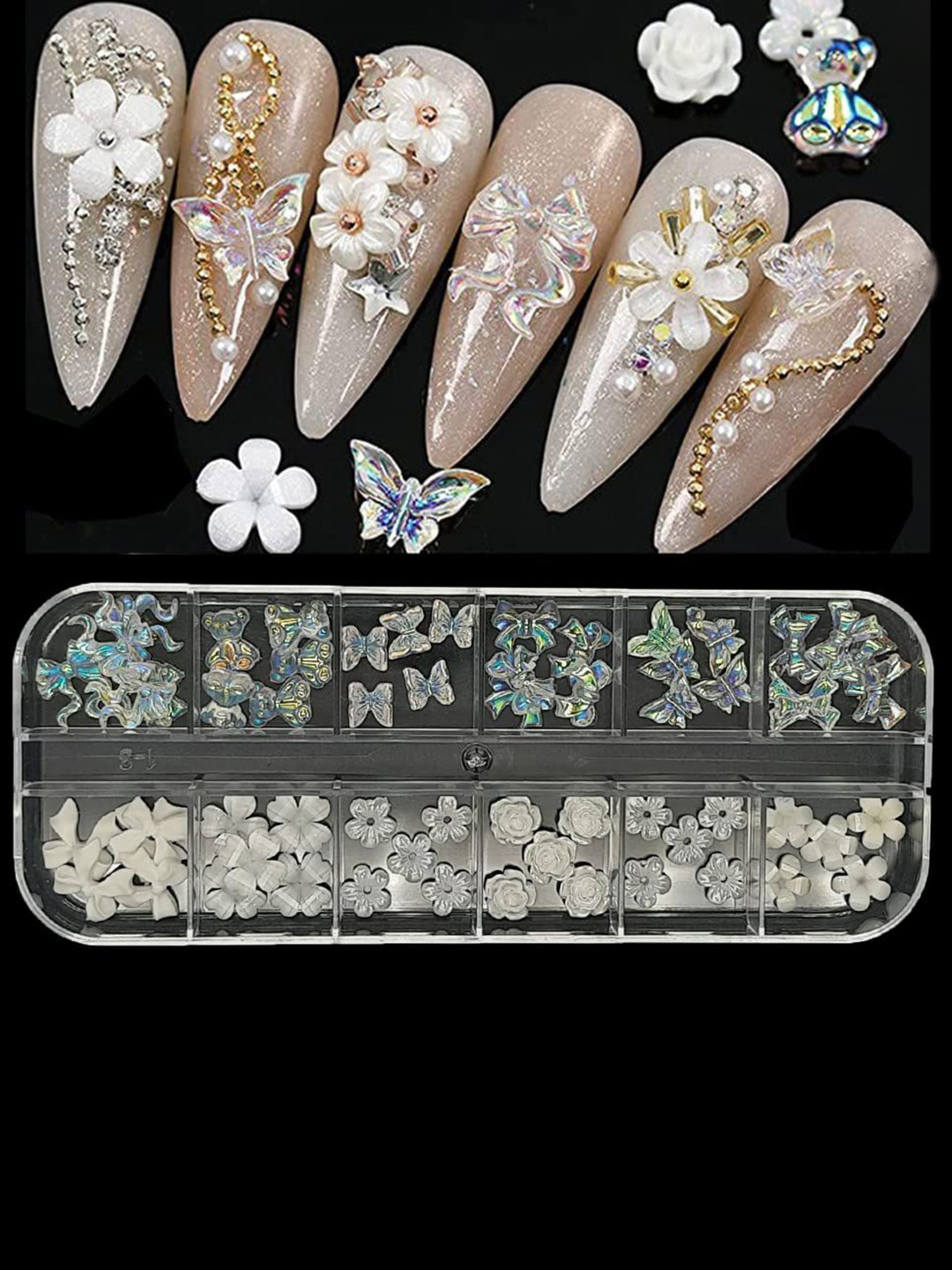 Ekinsu Set Of 12 Grid Bow & Flower Nail Art Accessories