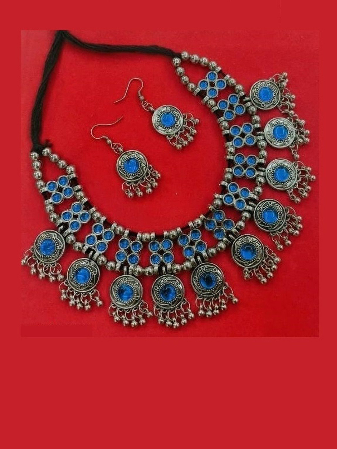 SZN Firozi Mirror Studded Firozi Mirror Oxidised Jewellery Set