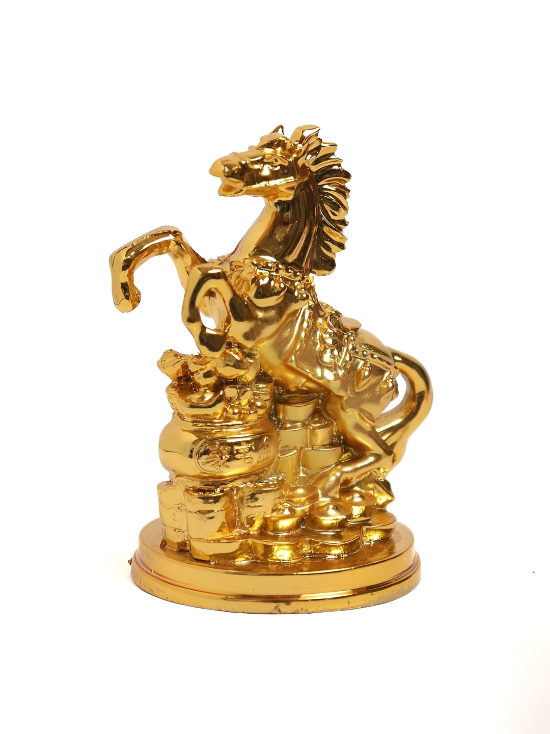 The Spiritual Living Horse with Uplifted Legs Standing with Wealth Pot Gold Polyresin Natural Living Room Small Showpiece - 4 Inches