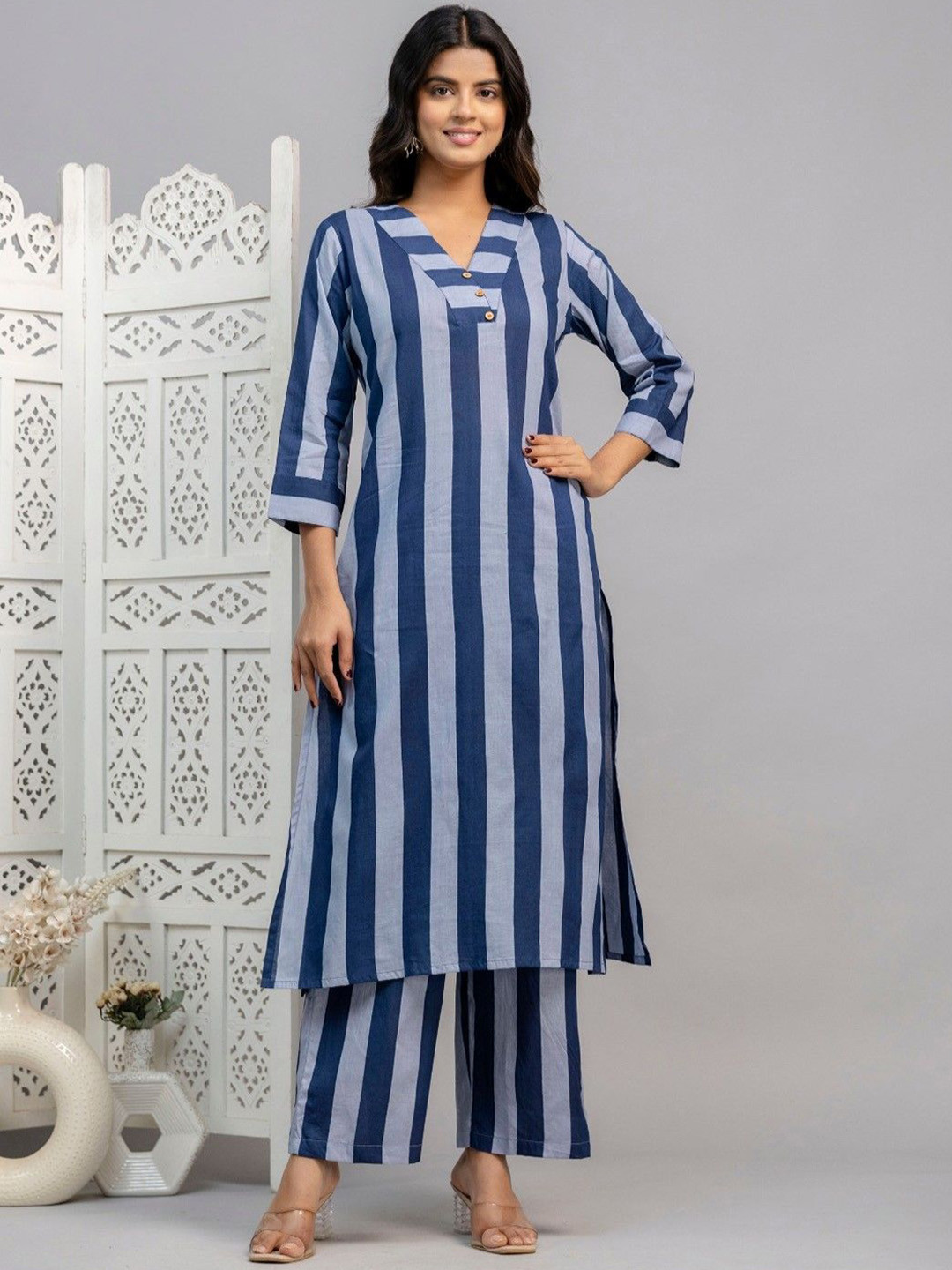AUTUMN LANE Mika Indi Striped Pure Cotton Straight Kurta With Palazzo