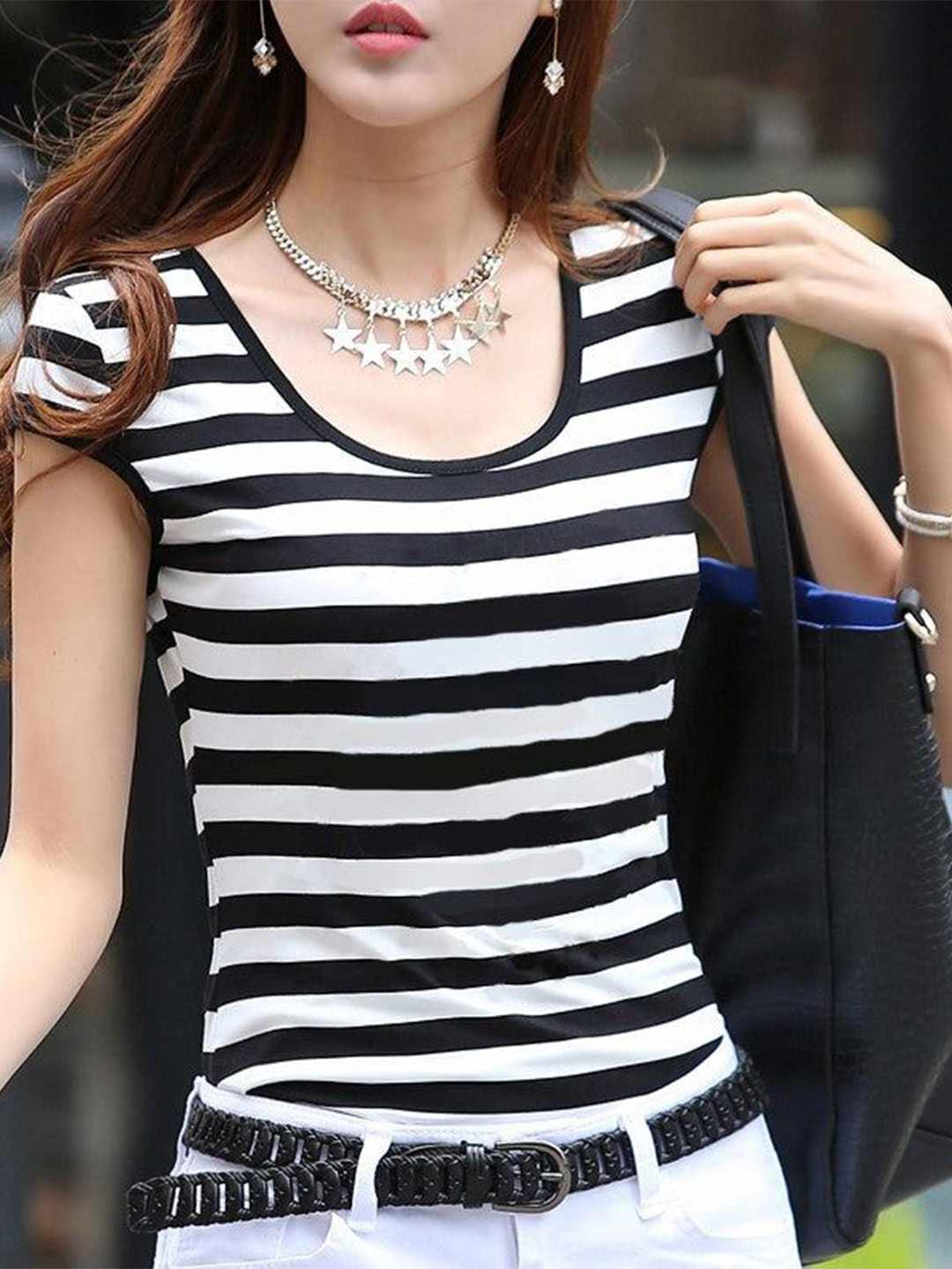 Outzidr Black Cap Sleeves Striped T-Shirt
