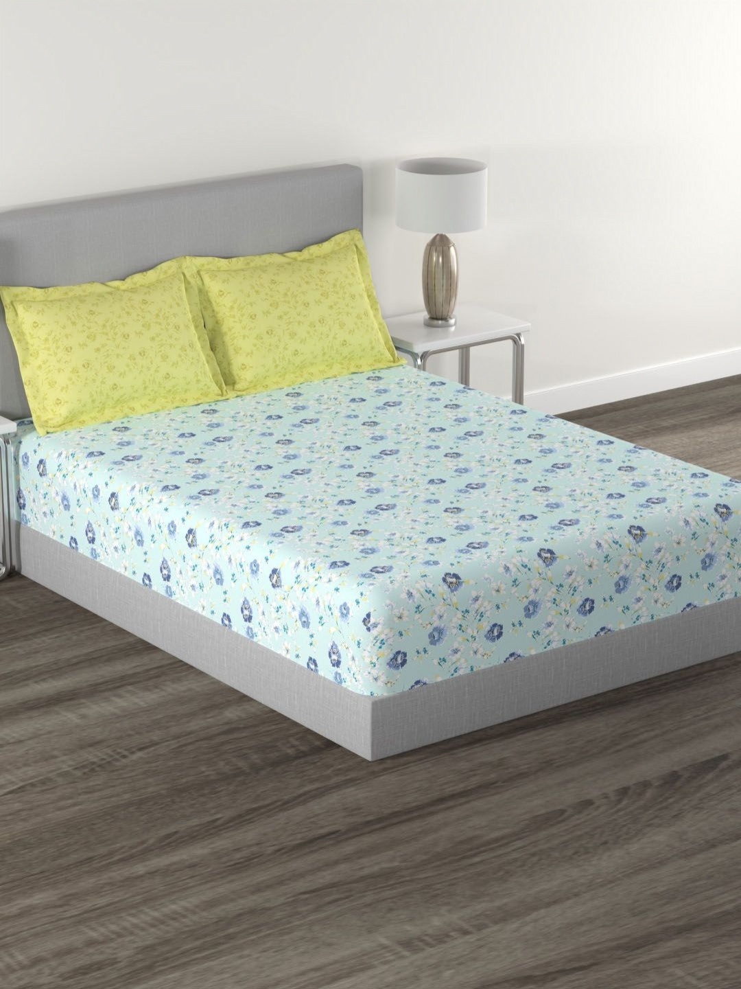 MYTRIDENT Carnival Blue Floral Cotton 144 TC Queen Bedsheet with 2 Pillow Covers-90 x 100 inches