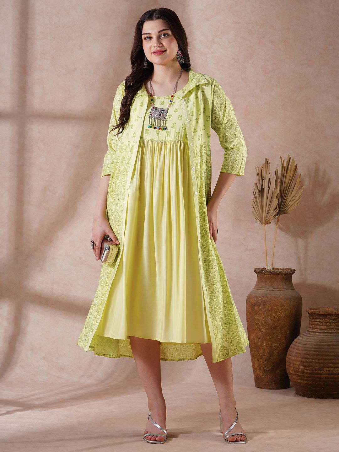 Globus Strappy Shoulder Gathered A-Line Midi Ethnic Dress with Shirt Style Printed Shrug