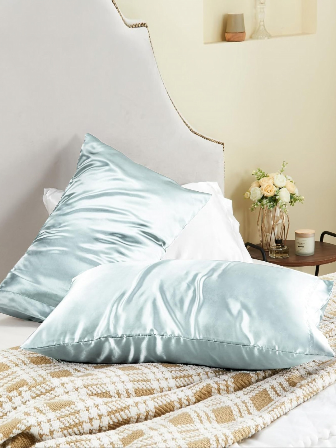 DEHMAN Blue 2 Pieces Pure Silk Rectangular Pillow Covers