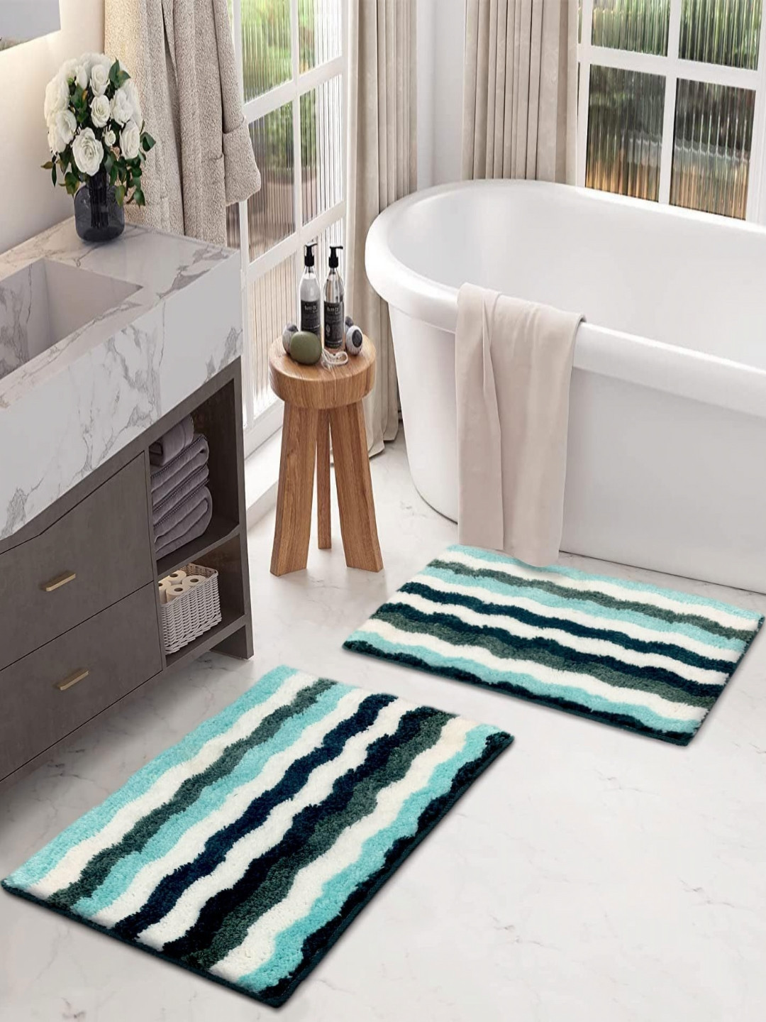 LUXEHOME INTERNATIONAL Birmingham Blue 2 Pieces Striped Microfiber Anti Skid Bath Rugs