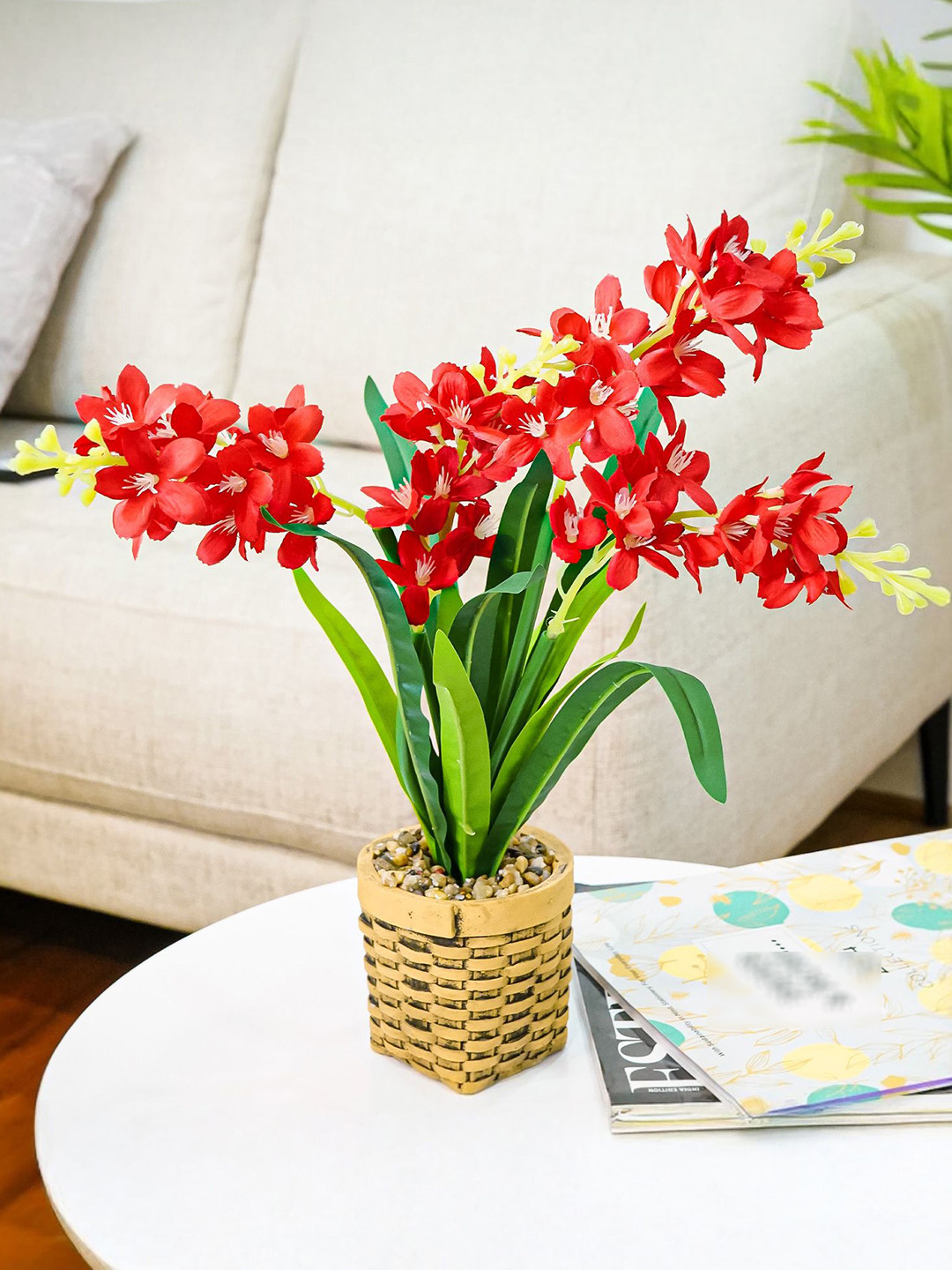 Nostrae by Ekhasa Red & Green Hyacinth Artificial Flower With Cement Vase Pot