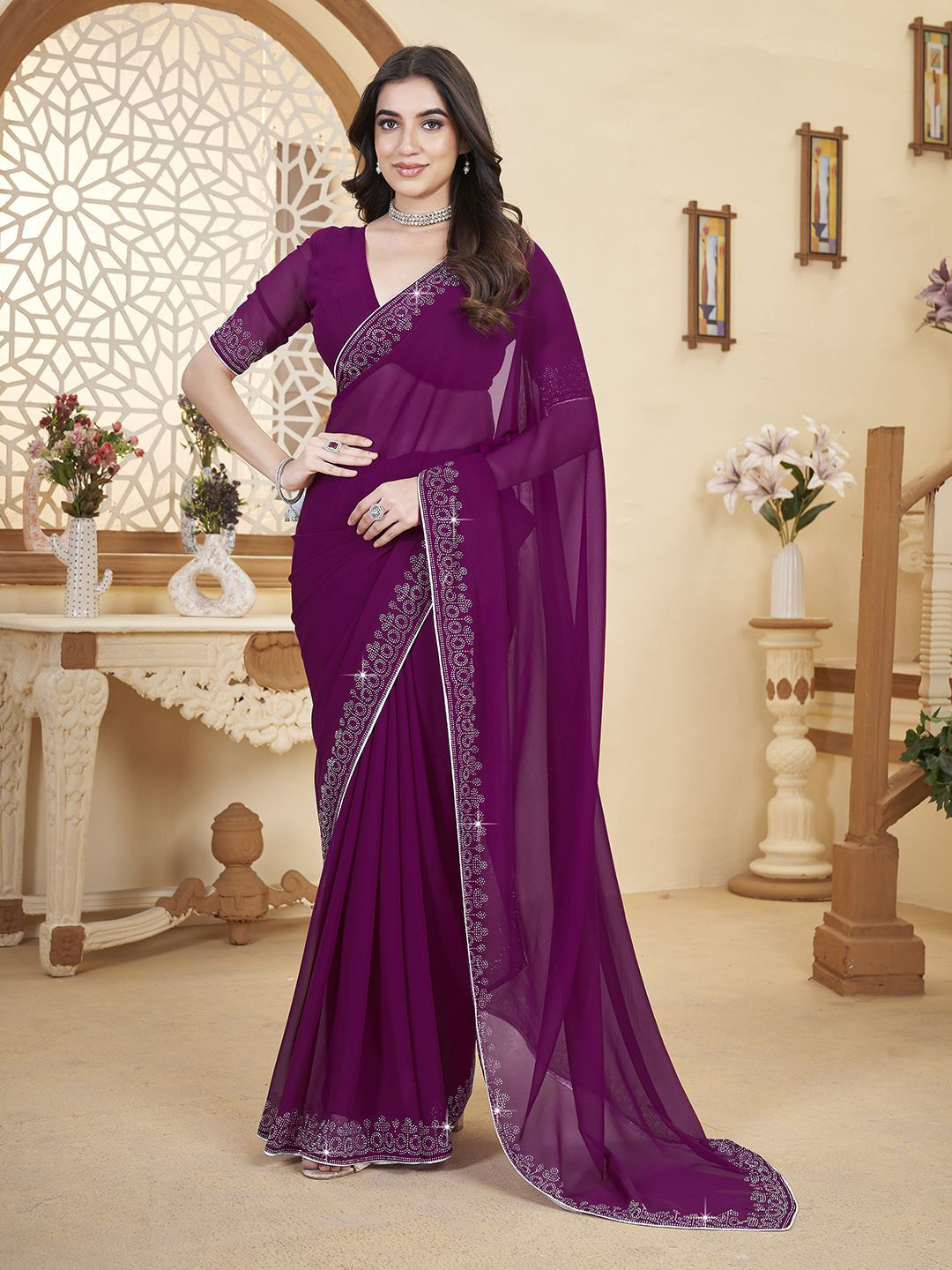 Dori Beads and Stones Saree