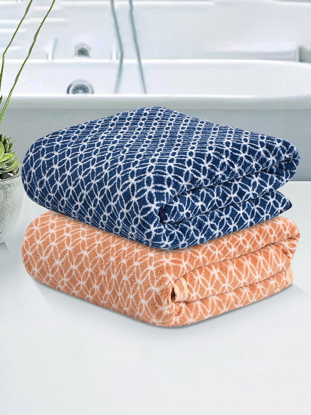 Kuber Industries Gold-Toned & Blue 2 Pieces Printed Microfiber 280 GSM Bath Towels