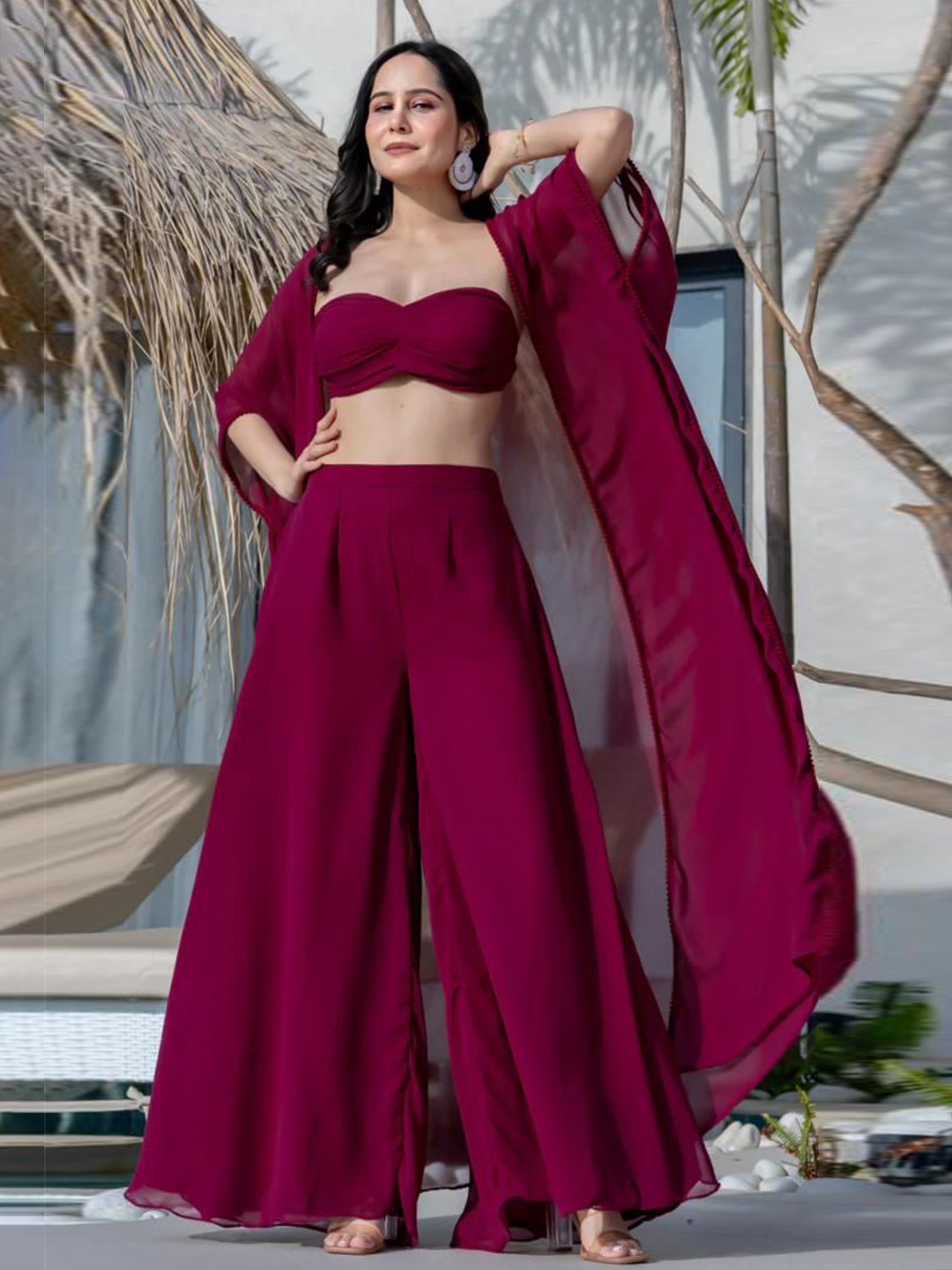 HOUSE OF JAMOTI Radiance Strapless Georgette Top With Palazzo & Cape Set