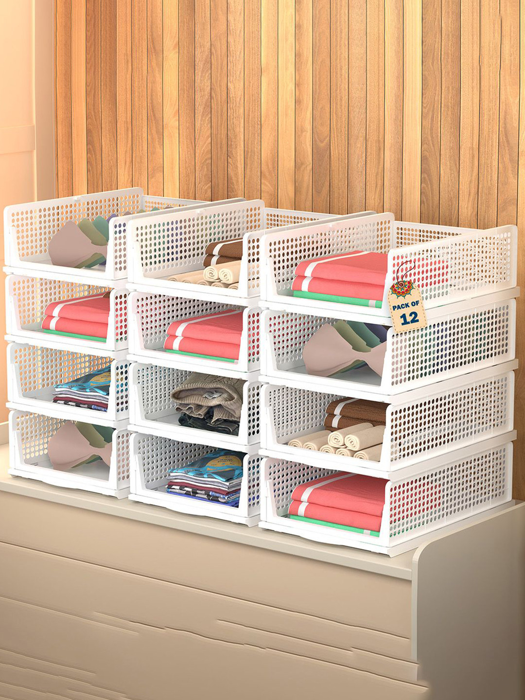 Kuber Industries White 12 Pieces Foldable Shirt Stacker Wardrobe Drawer Organisers