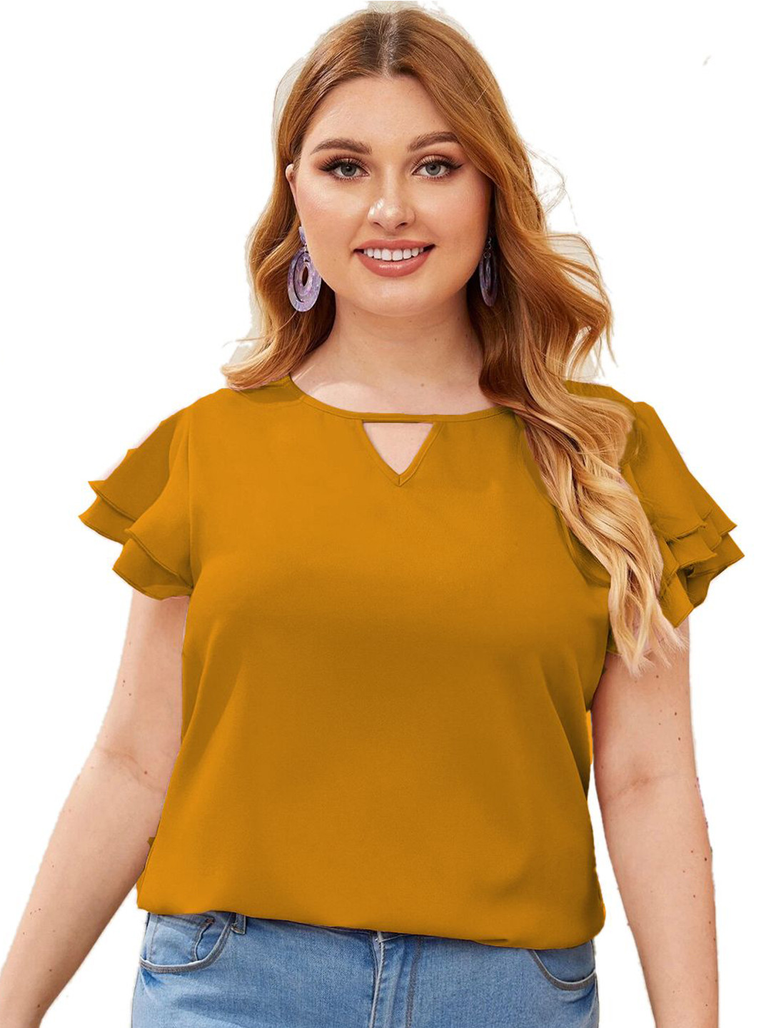 Mustard Yellow Round Neck Flutter Sleeve Top