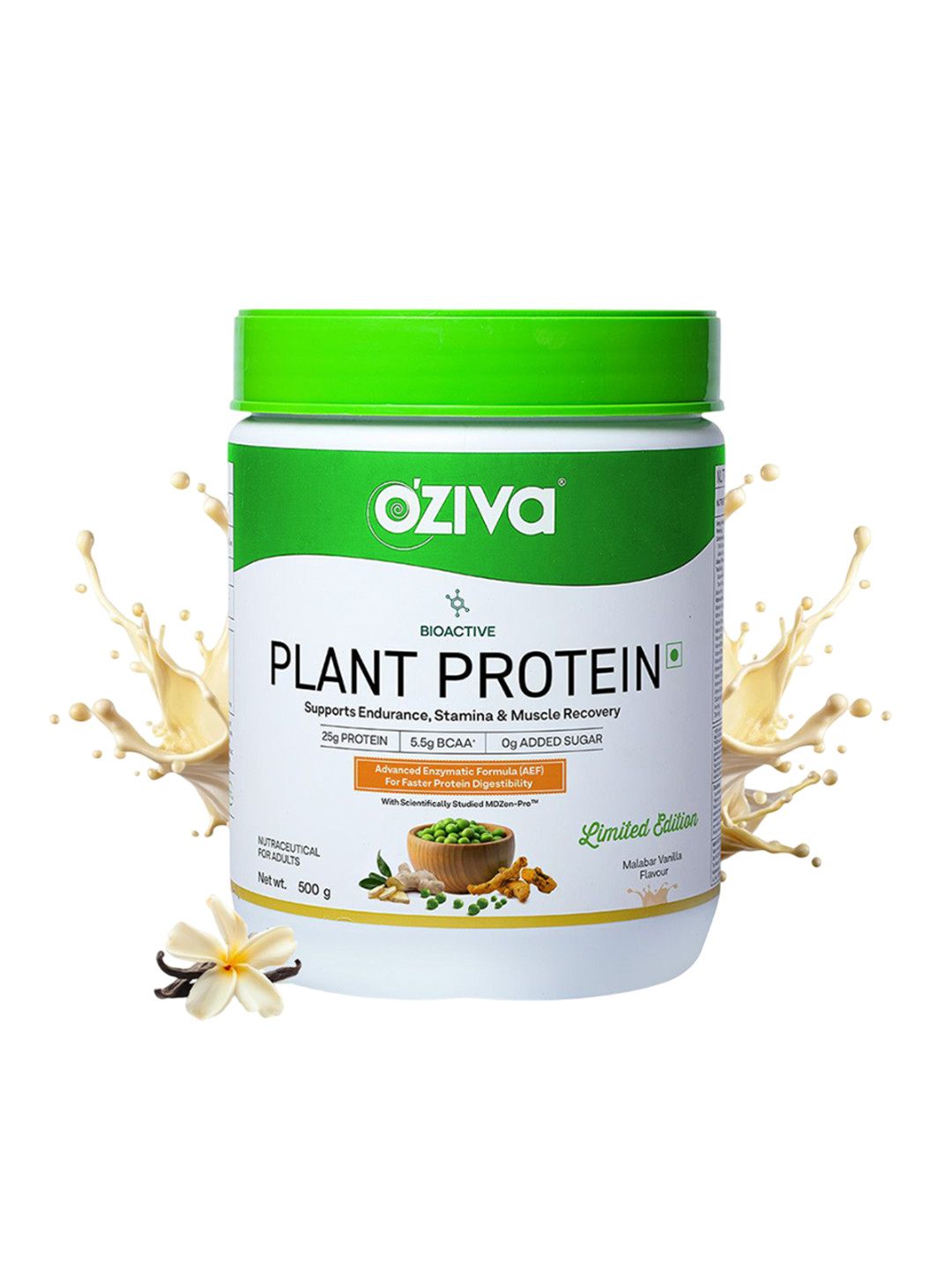 OZiva Bioactive Plant Protein Powder with 25gm Protein 5.5g BCAA - Malabar Vanilla- 500 g