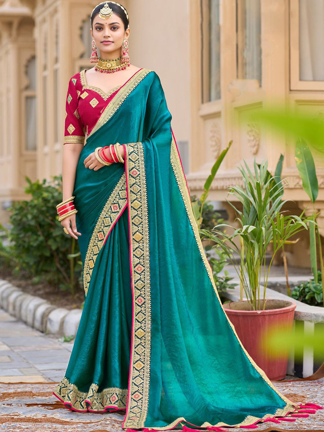 House of Pataudi Satin Silk Embellished Party Wear Saree With Blouse