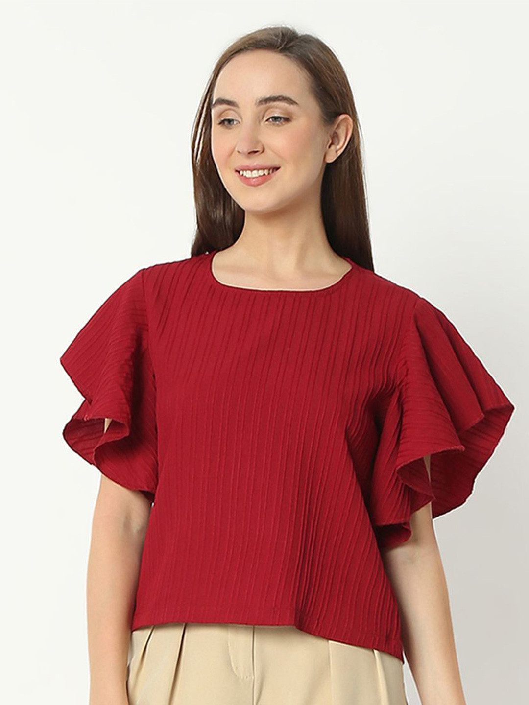 Smarty Pants Women Vertical Stripes Round Neck Flared Sleeve Regular Top