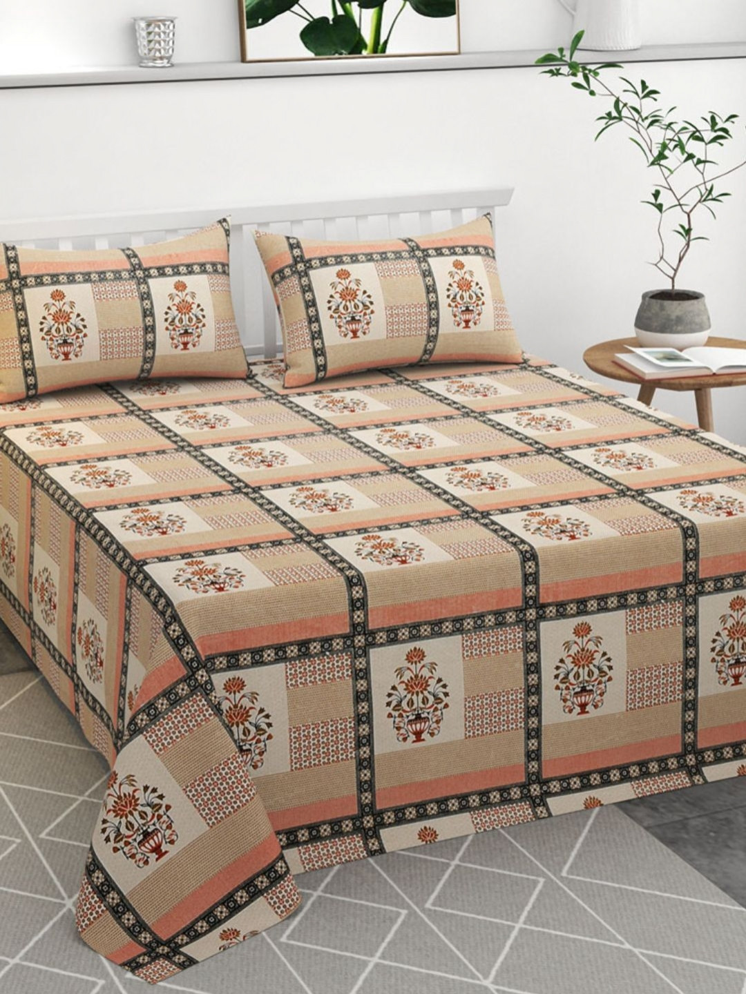 bsb home Beige & Black Floral Printed Cotton 144 TC Queen Bedsheet Set-  2.88 m x 2.28 m