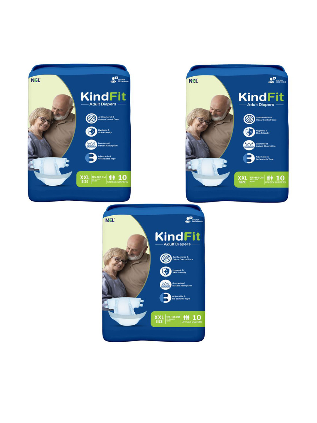 Kindfit Set Of 3 Tape Style Rash Free Adult Diapers - XXL - 10Pcs Each