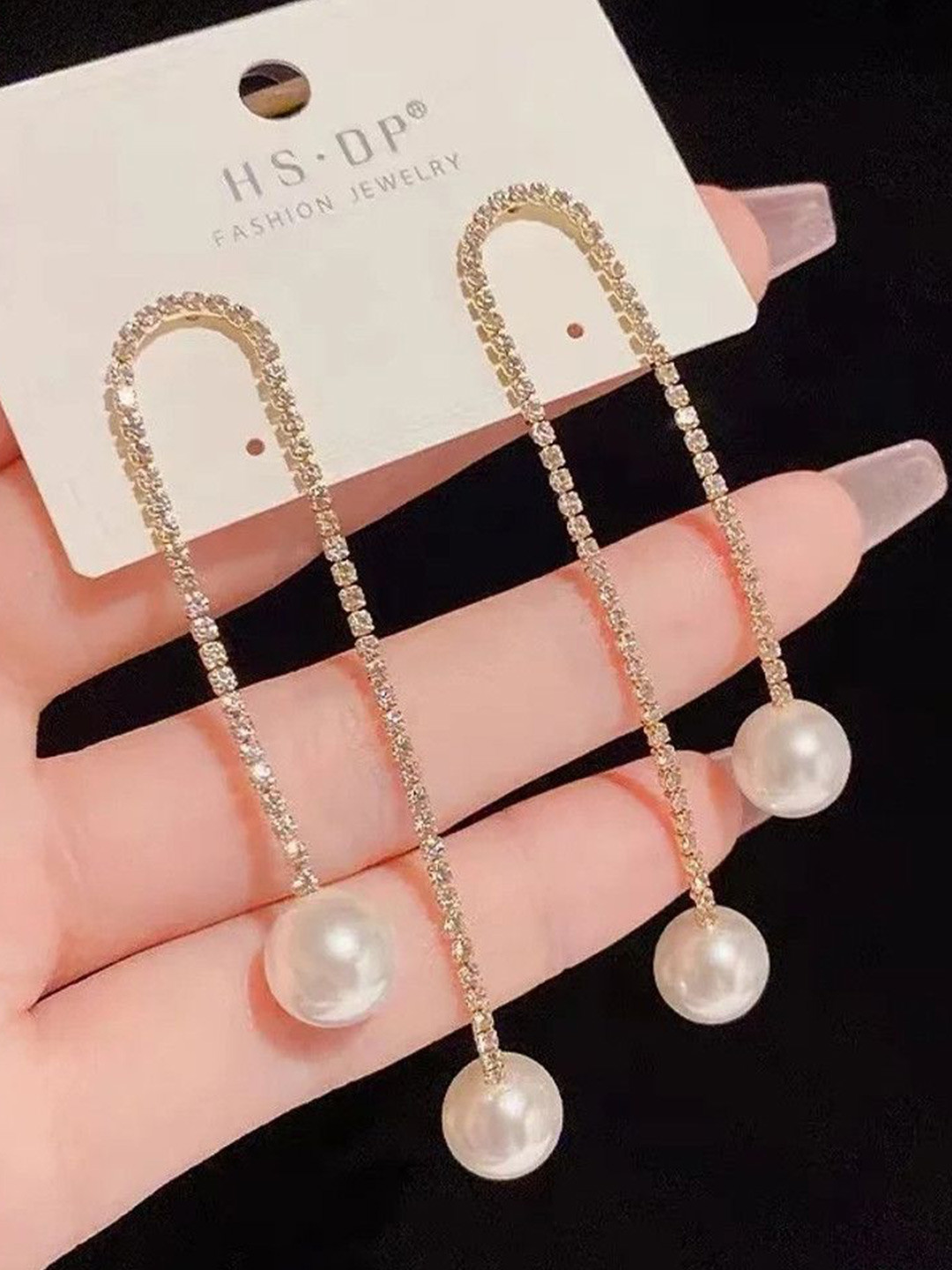 Celestique Rhinestone Studded U-Shaped Drop Earrings