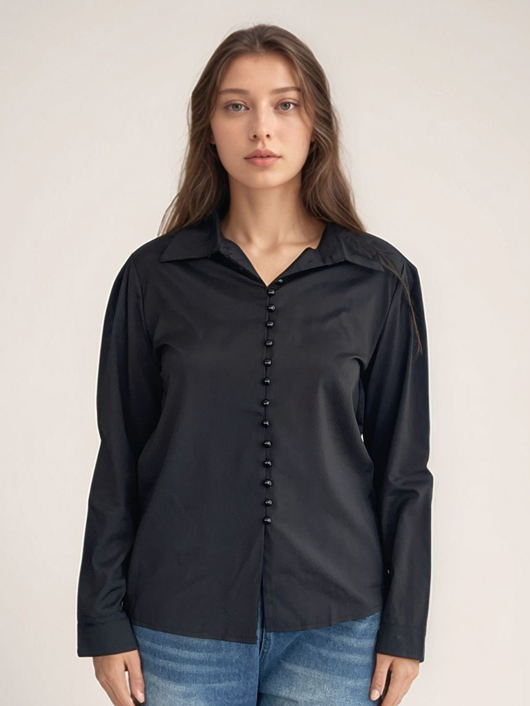 Outzidr Women Shirt Collar Solid Black Top