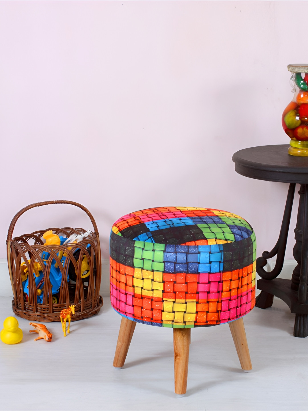 Shadowkart Pink & Red Checked Pouffes Velvet Ottoman