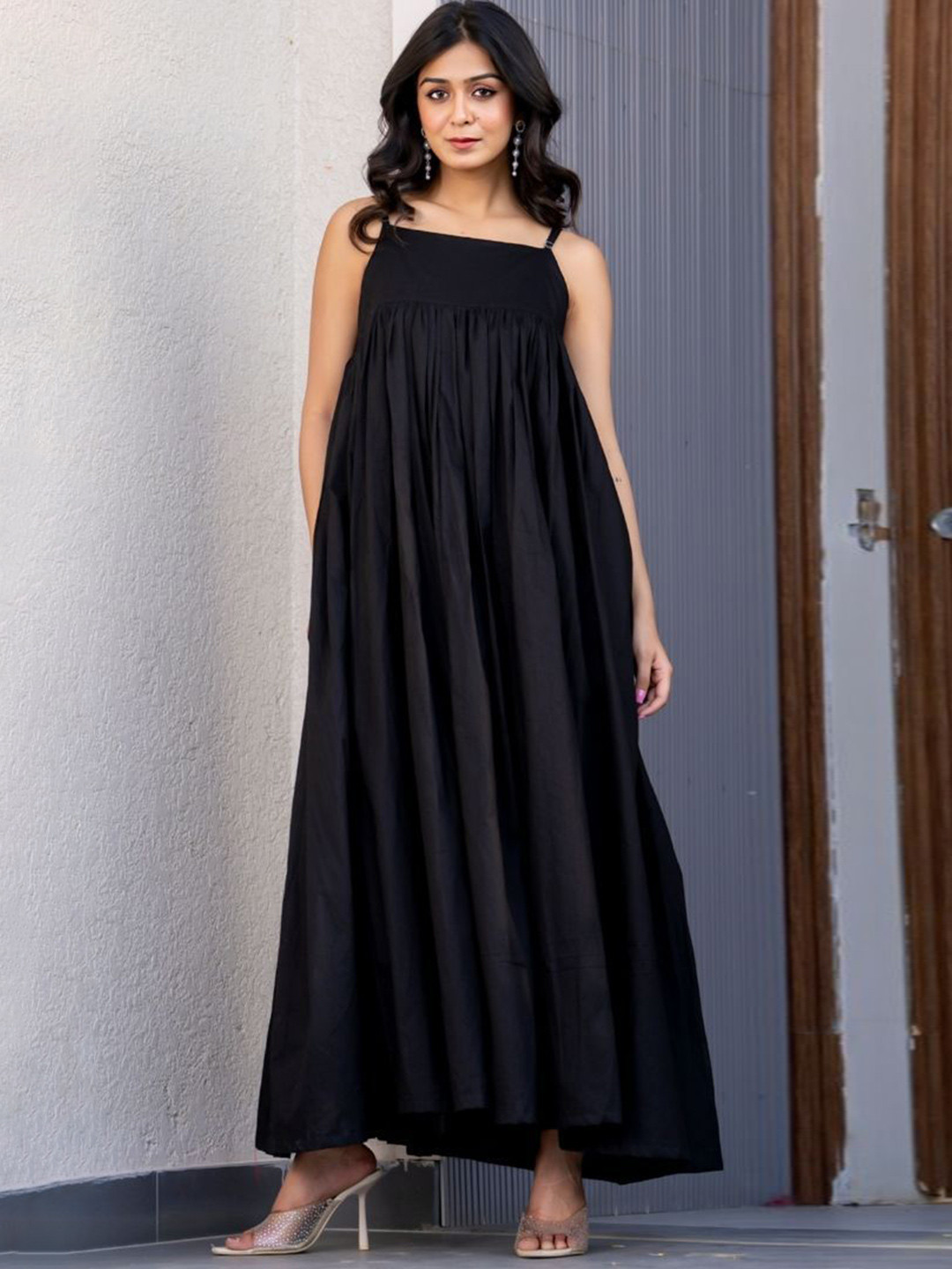HOUSE OF JAMOTI Women Matte Black Cotton A-Line Maxi Dress