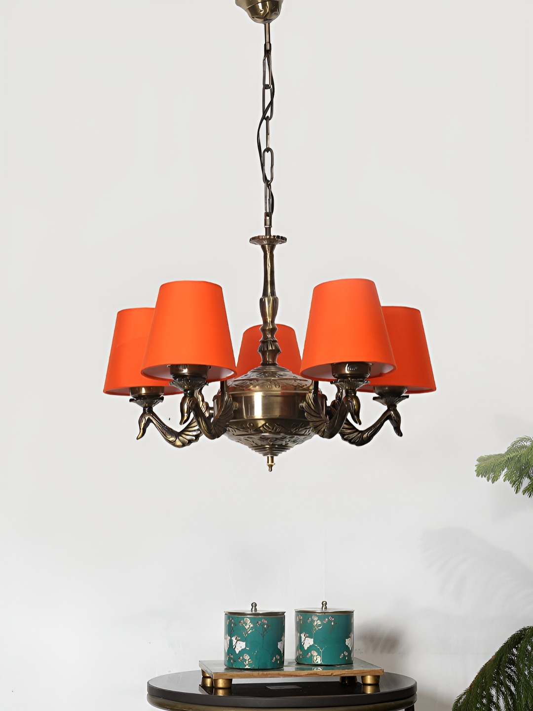 Devansh Orange 05 Lights Conical Cotton Shade Ceiling Lamp