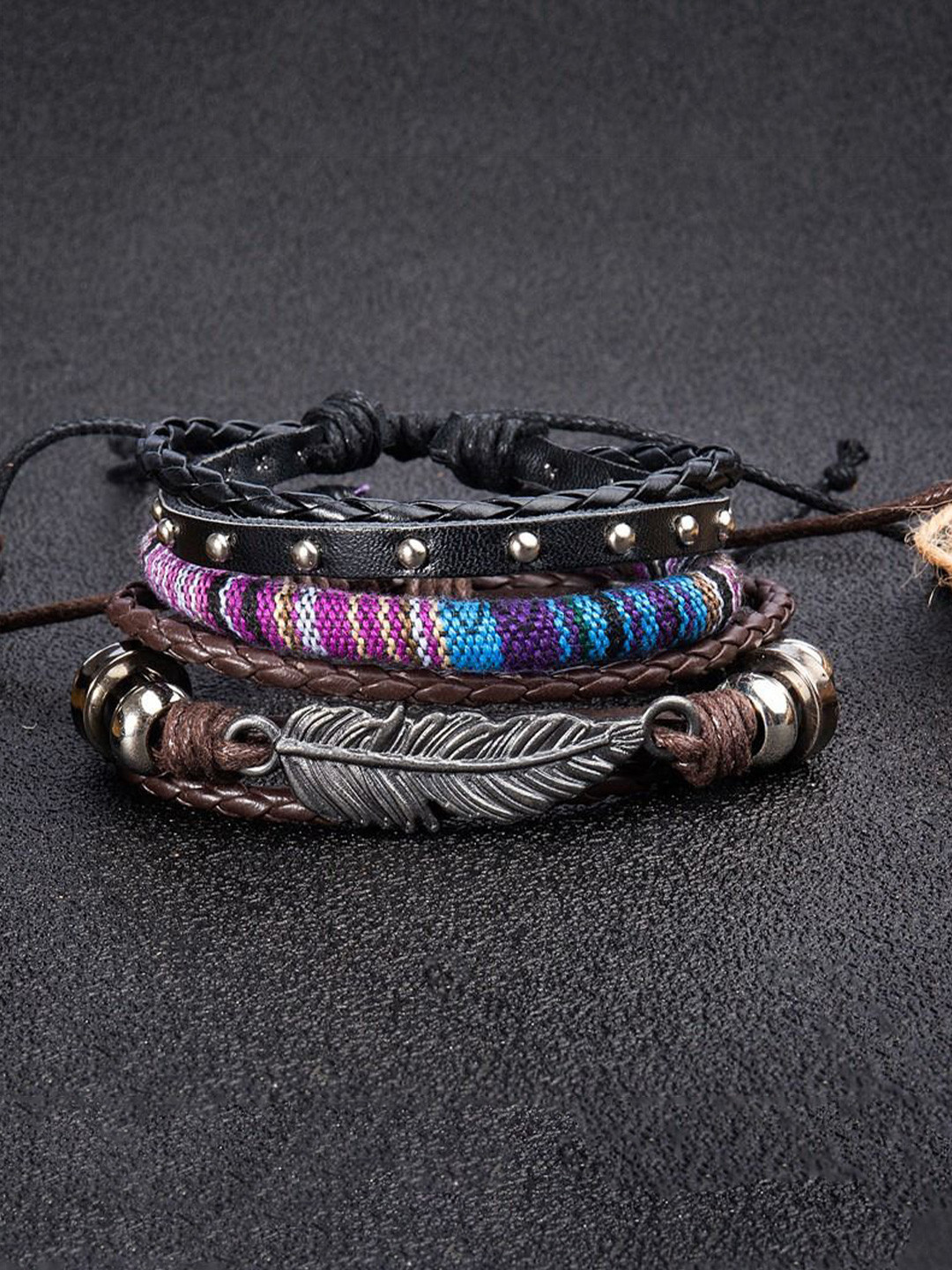 VIEN Men Set Of 4 Leather Wraparound Bohemian Bracelet