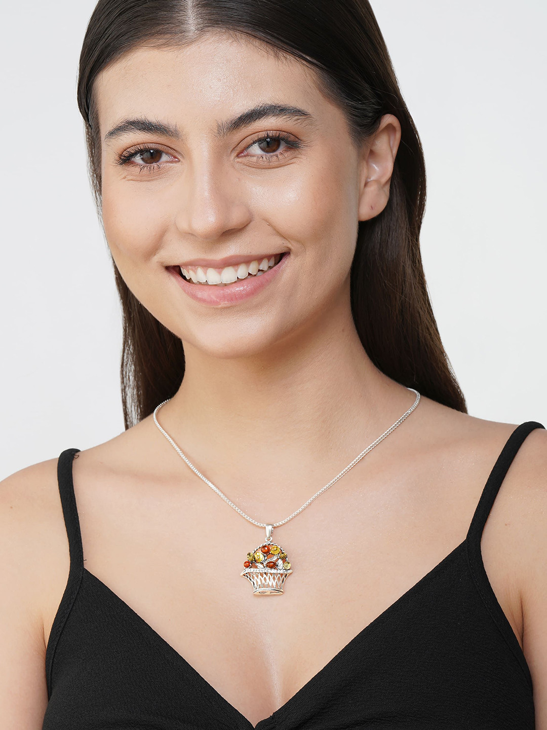 Asteri Shine On Sterling Silver Multicolor European  Amber Flower Basket Pendant