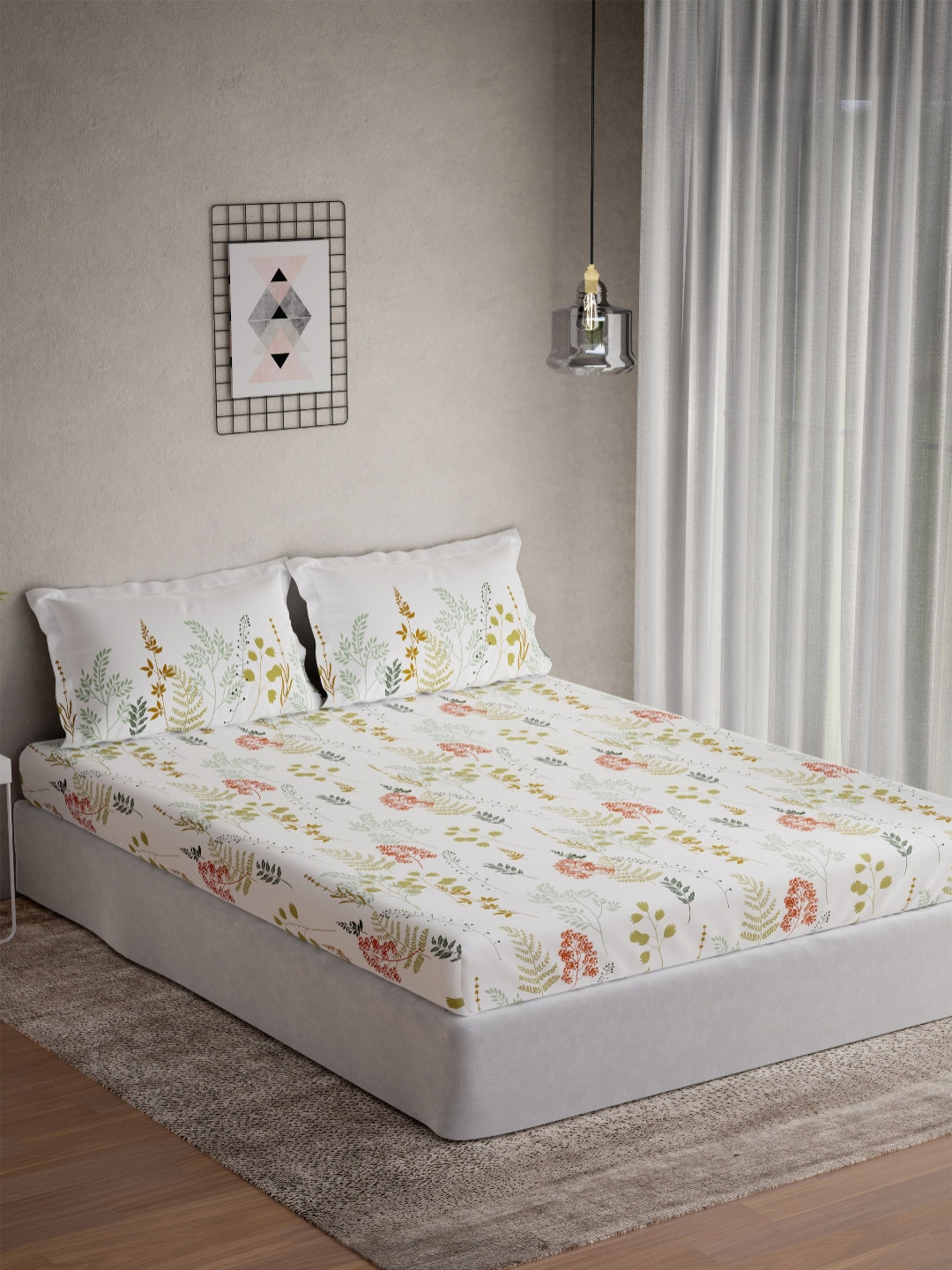 DDecor Omega Collection Orange Leaves Pure Cotton 145TC King Bedsheet With 2 Pillow Covers