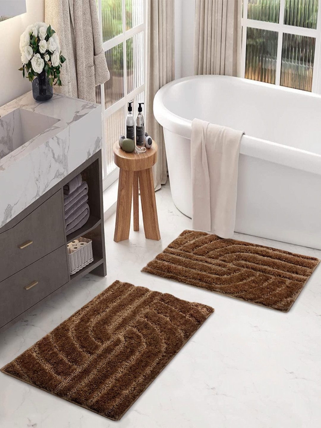 LUXEHOME INTERNATIONAL Scotland Maze Brown 2 Pieces Textured Microfiber Anti Skid Bath Rug