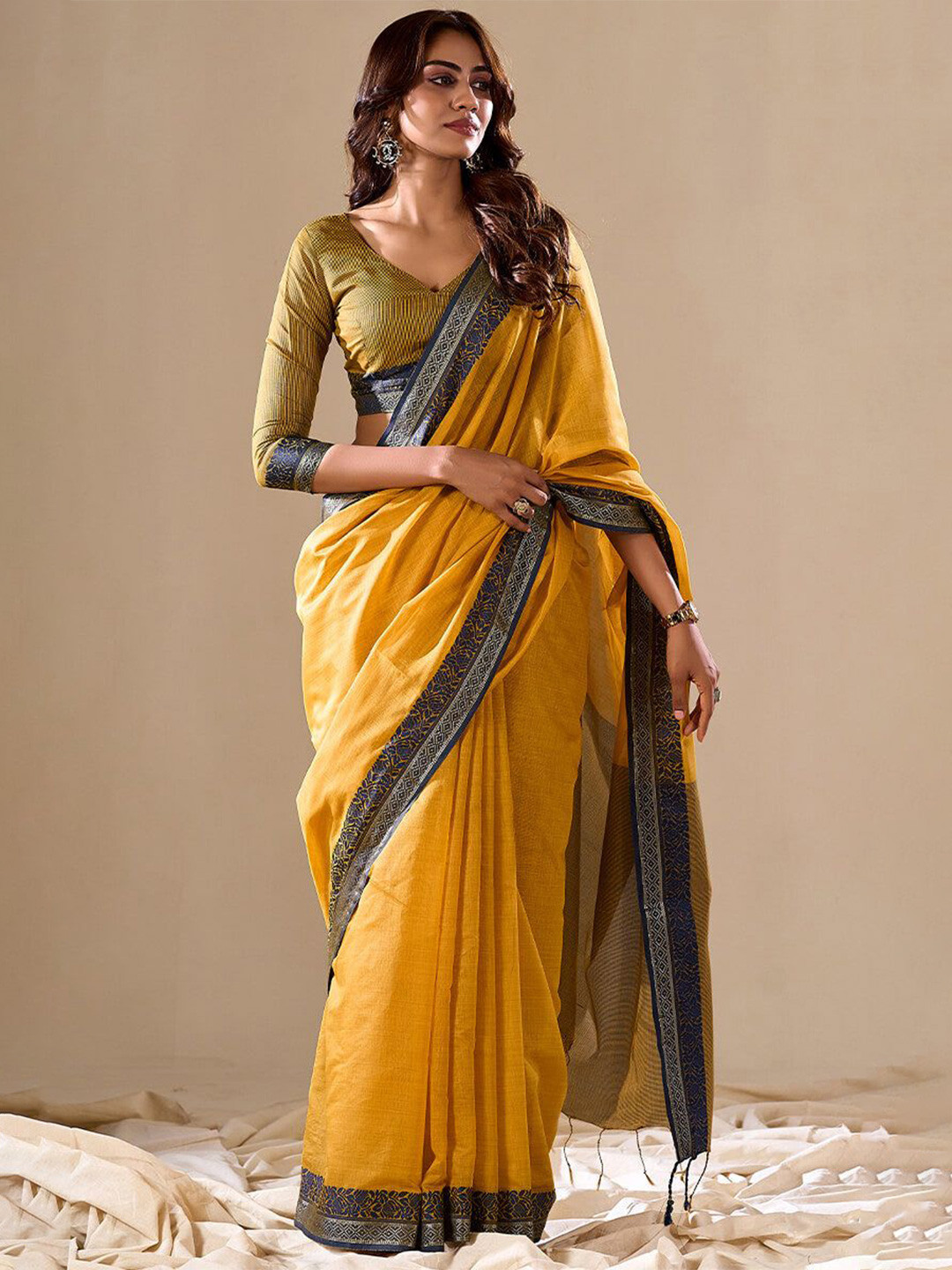 FASHION STROM Woven Design Border Saree With Blouse Piece