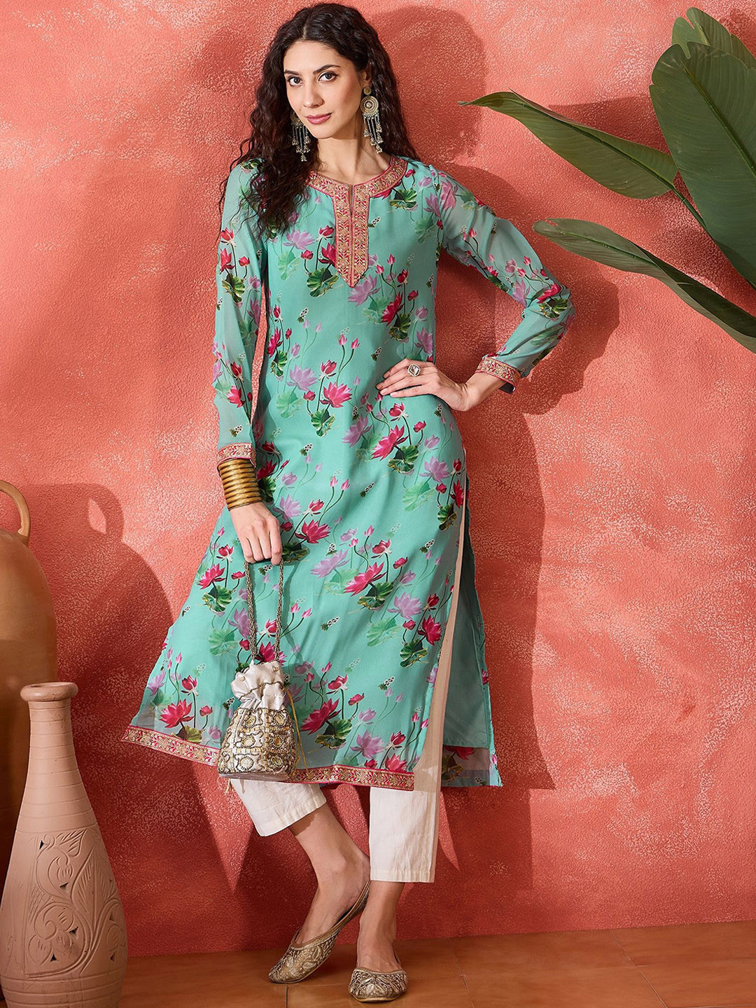 Sangria Lotus Floral Printed Georgette Round Neck Straight Kurta