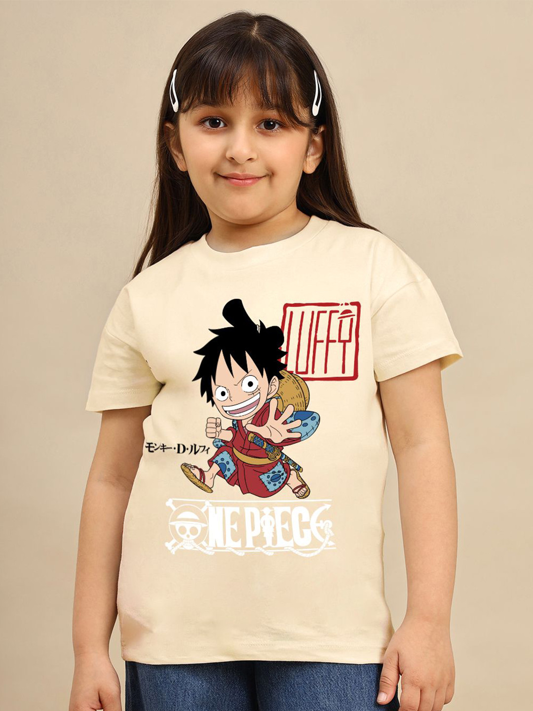 Kids Ville Girls One Piece Anime Printed Pure Cotton Oversized Fit Tshirt