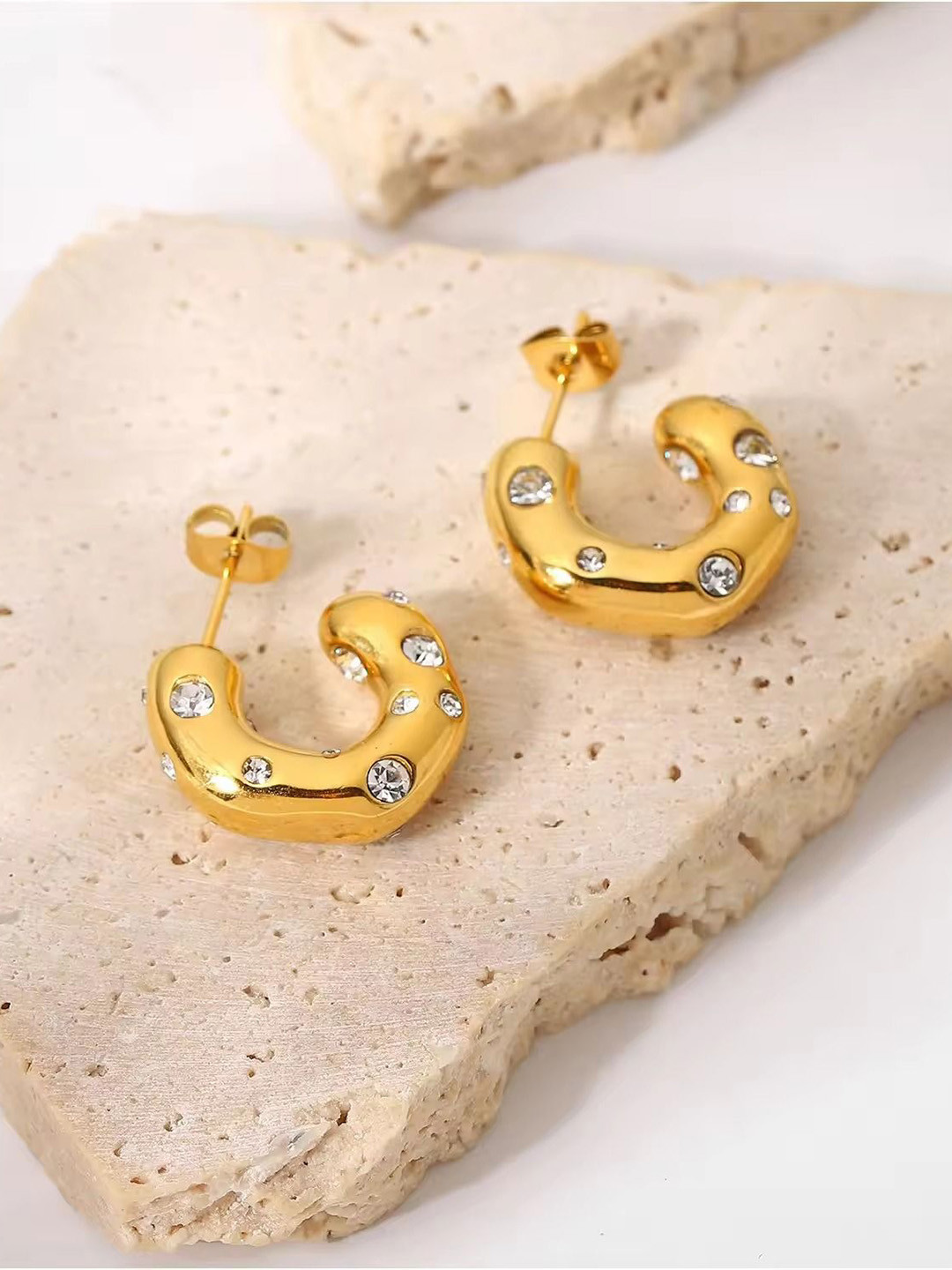 DressBerry Stainless Steel Gold-Plated American Diamond Circular Chunky Half Hoop Earrings