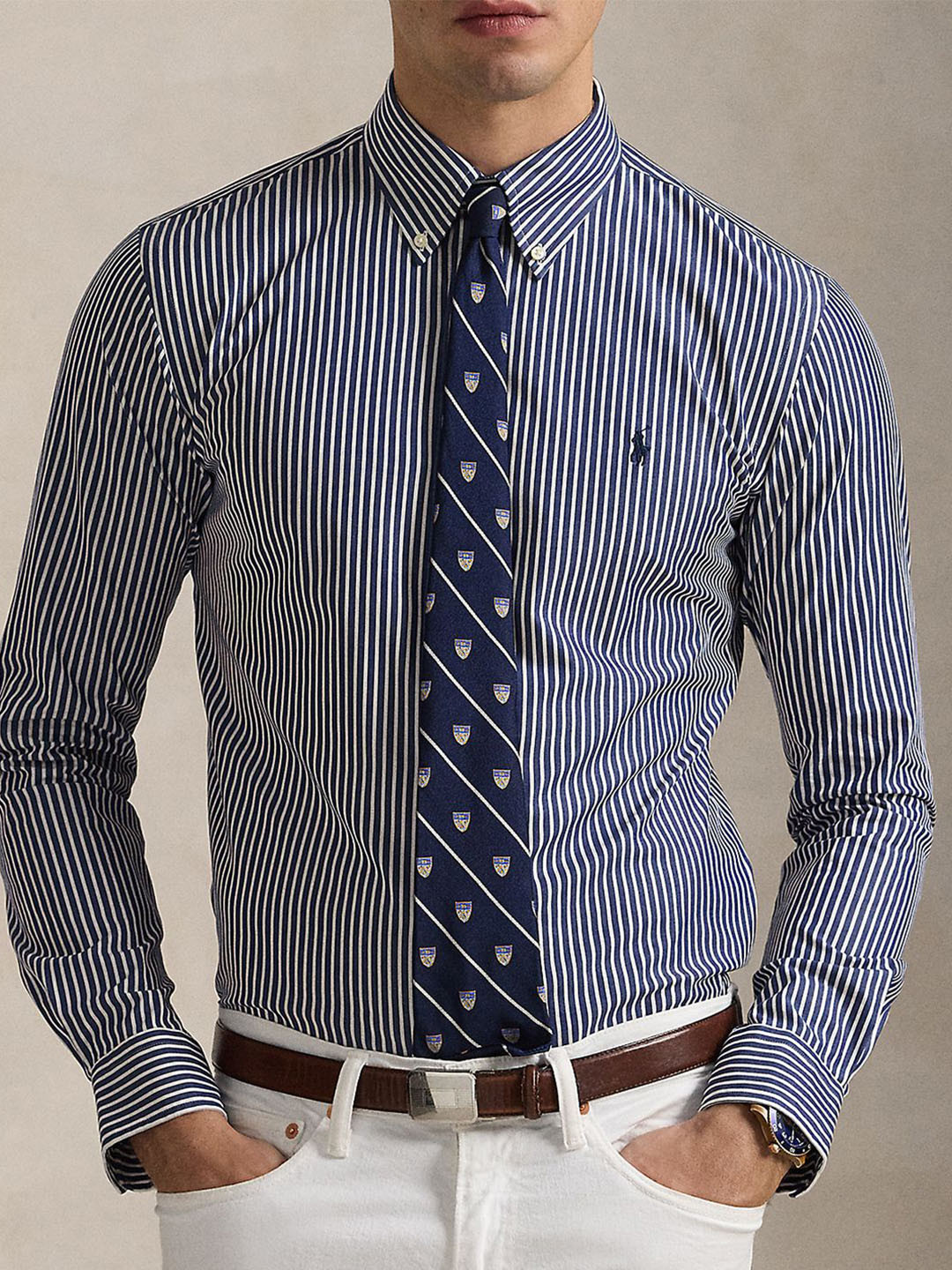Polo Ralph Lauren Men Custom Slim Fit Vertical Striped Cotton Casual Shirt