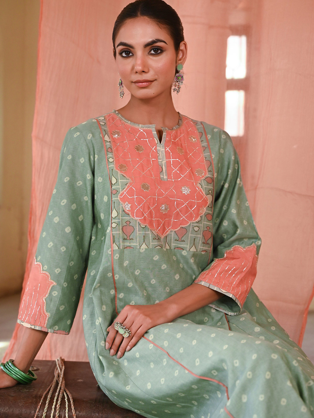 Baise Gaba Sanganeri Bandhani Printed Gotta Patti Chanderi Cotton Straight Kurta Set