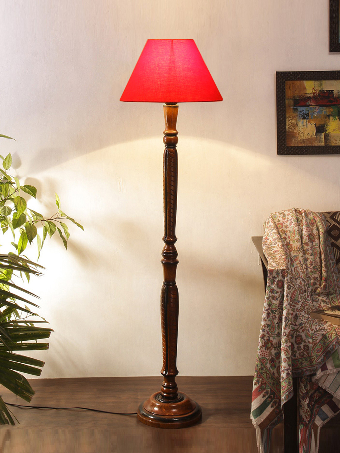 Devansh Red & Brown Cotton Conical Wooden Floor Lamp With Shade