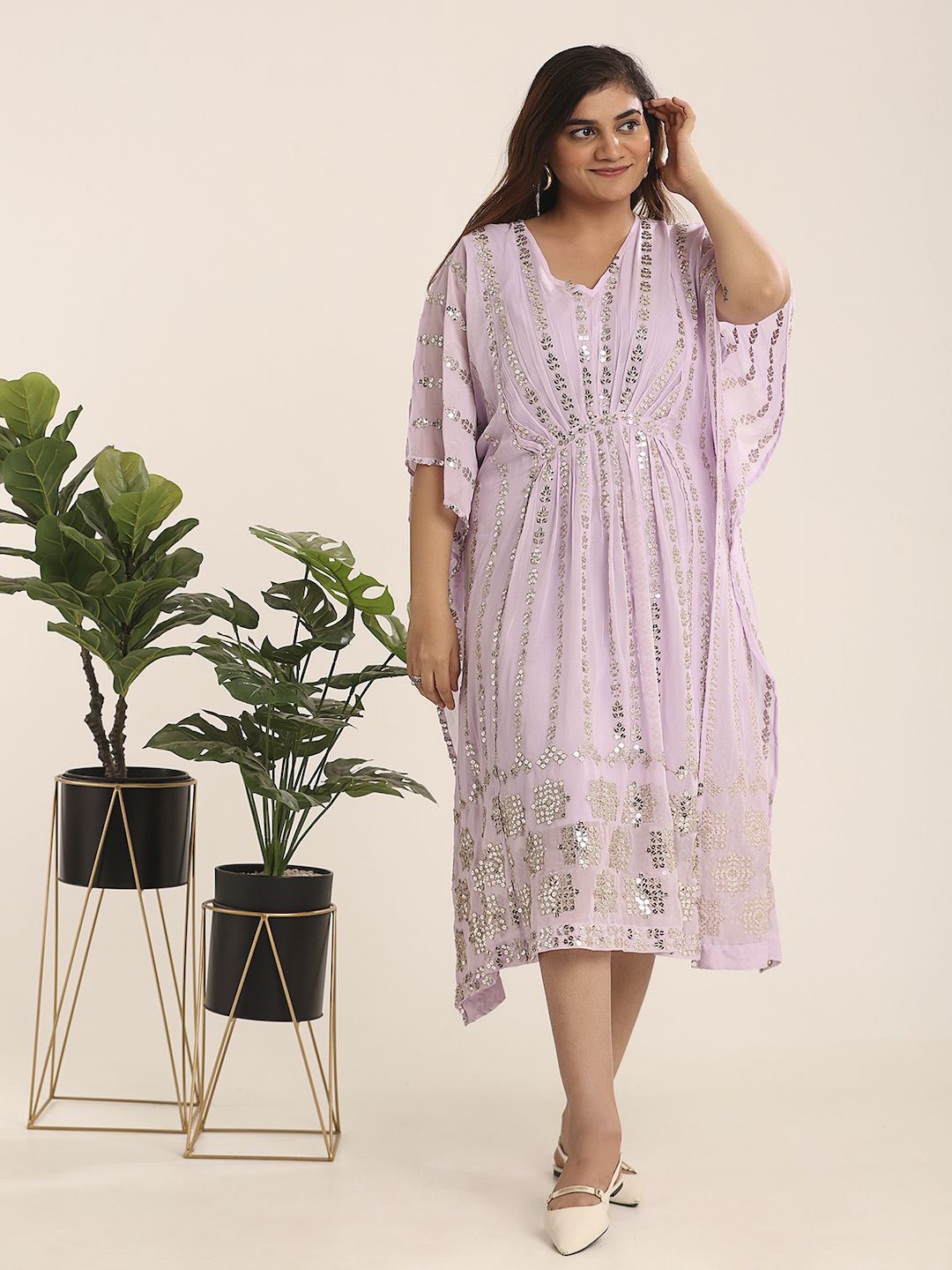 THE BLESSED WARDROBE Women Floral Printed Georgette Kaftan Midi Ready to Wear Dress