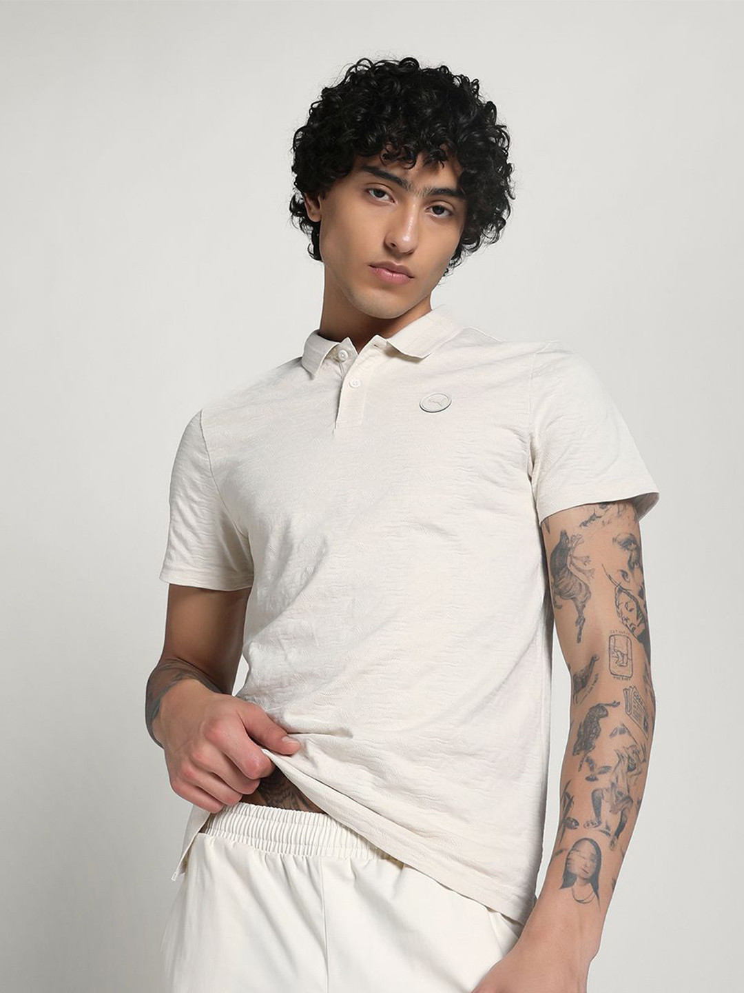 Puma Men PREMIUM ESS Self Design Cotton Polo Collar T-Shirt